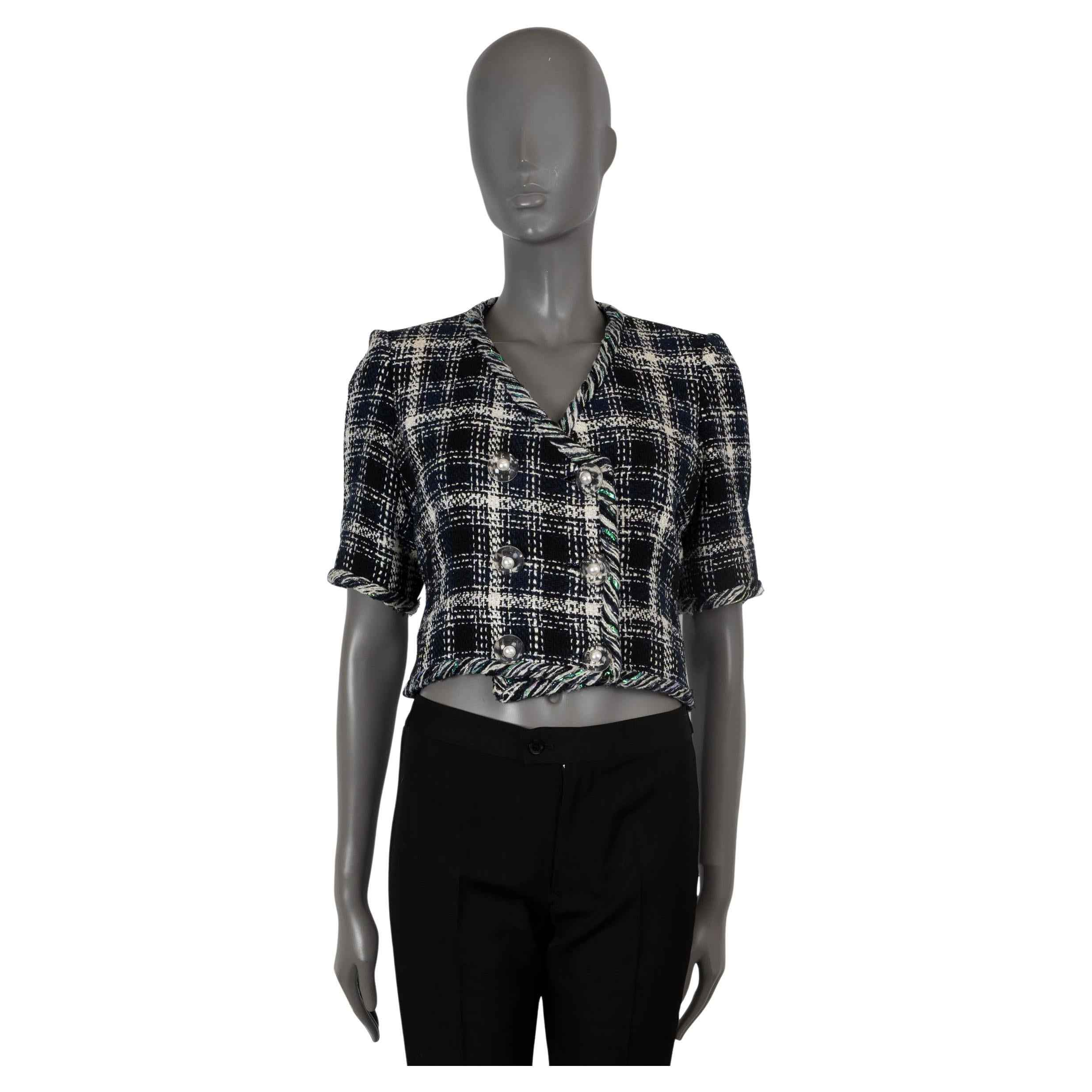 CHANEL black navy cotton 2018 18S SHORT SLEEVE CROPPED TWEED Coat Jacket 38 S For Sale