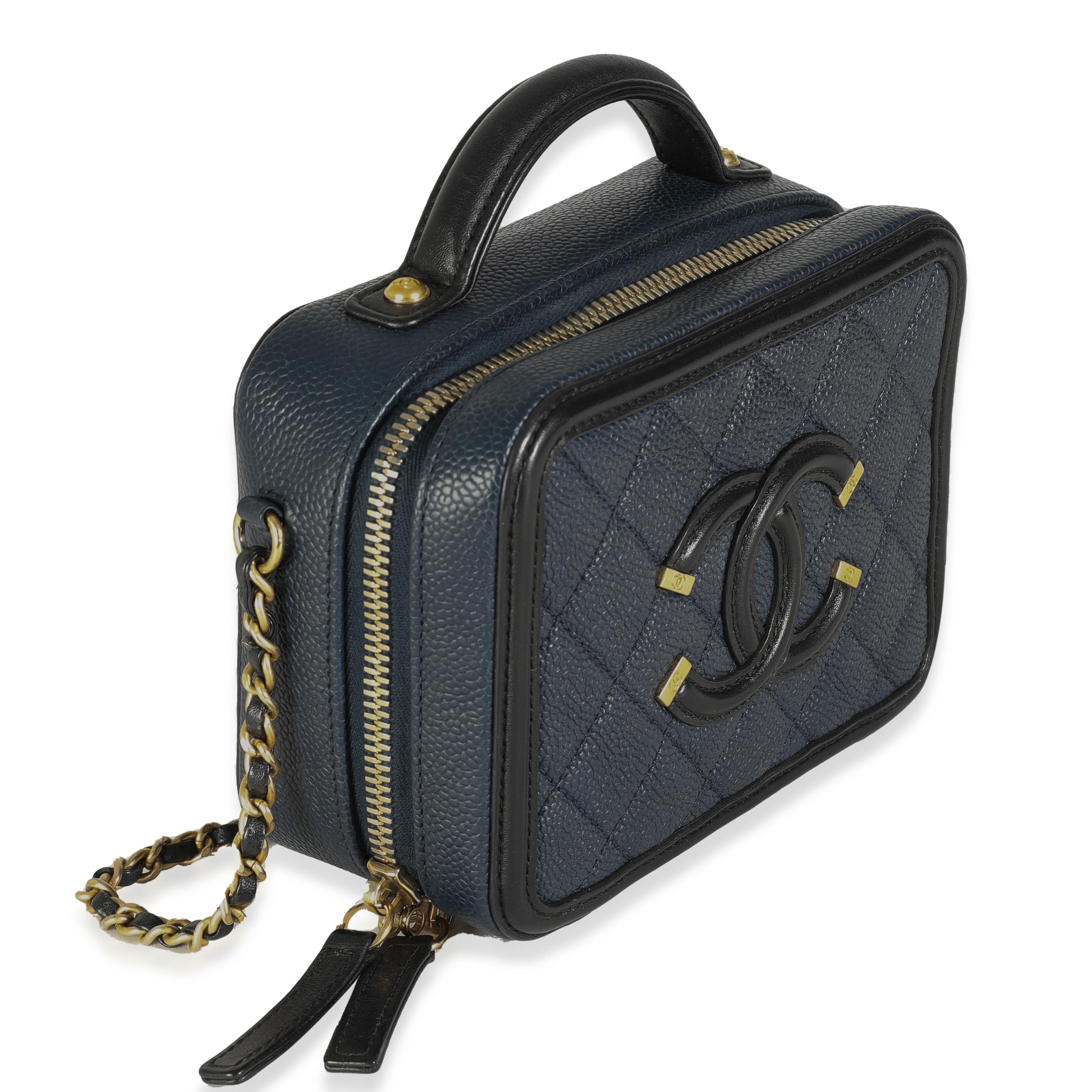 Chanel Black Navy Quilted Caviar Small CC FIligree Vanity Case In Excellent Condition For Sale In New York, NY