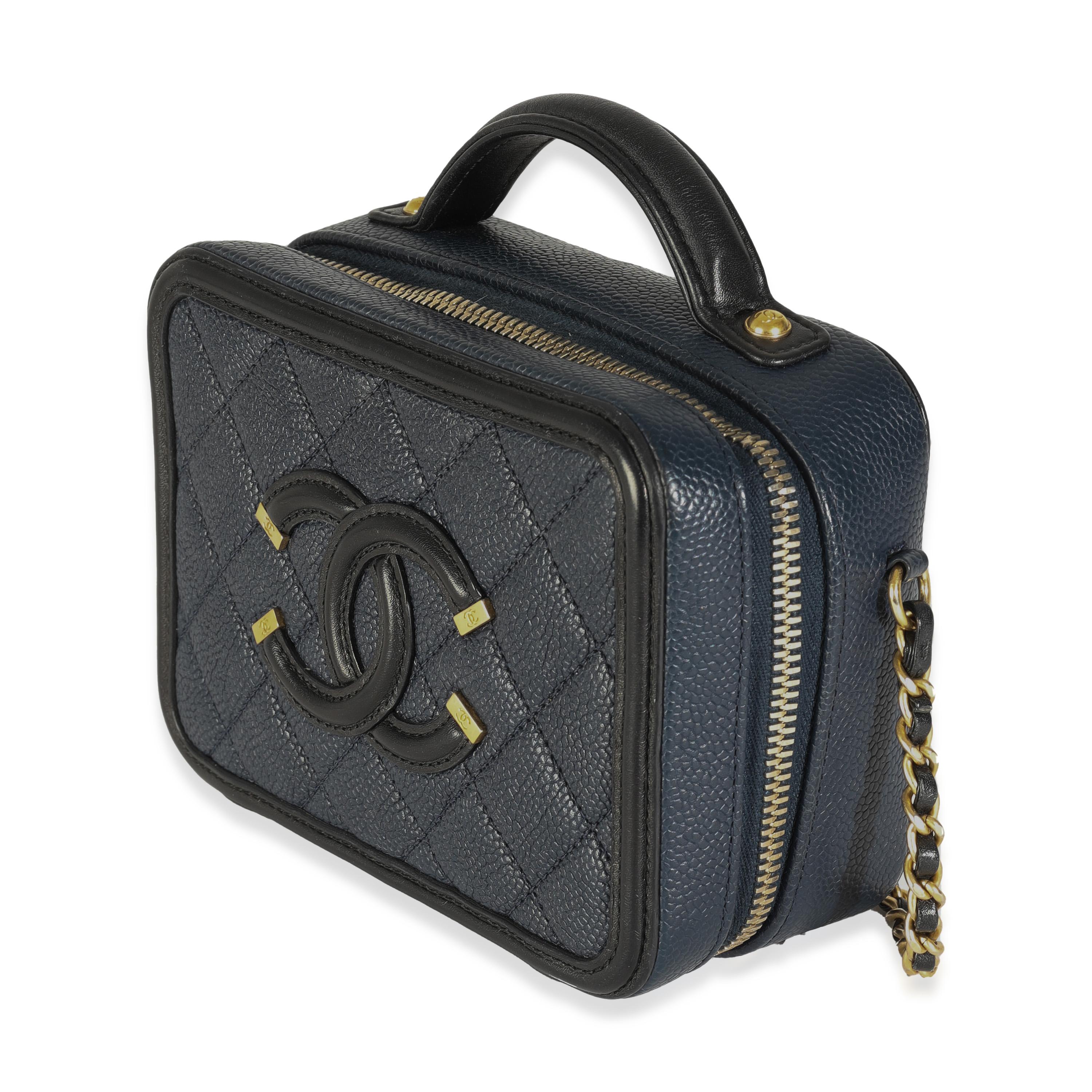 Women's or Men's Chanel Black Navy Quilted Caviar Small CC FIligree Vanity Case For Sale