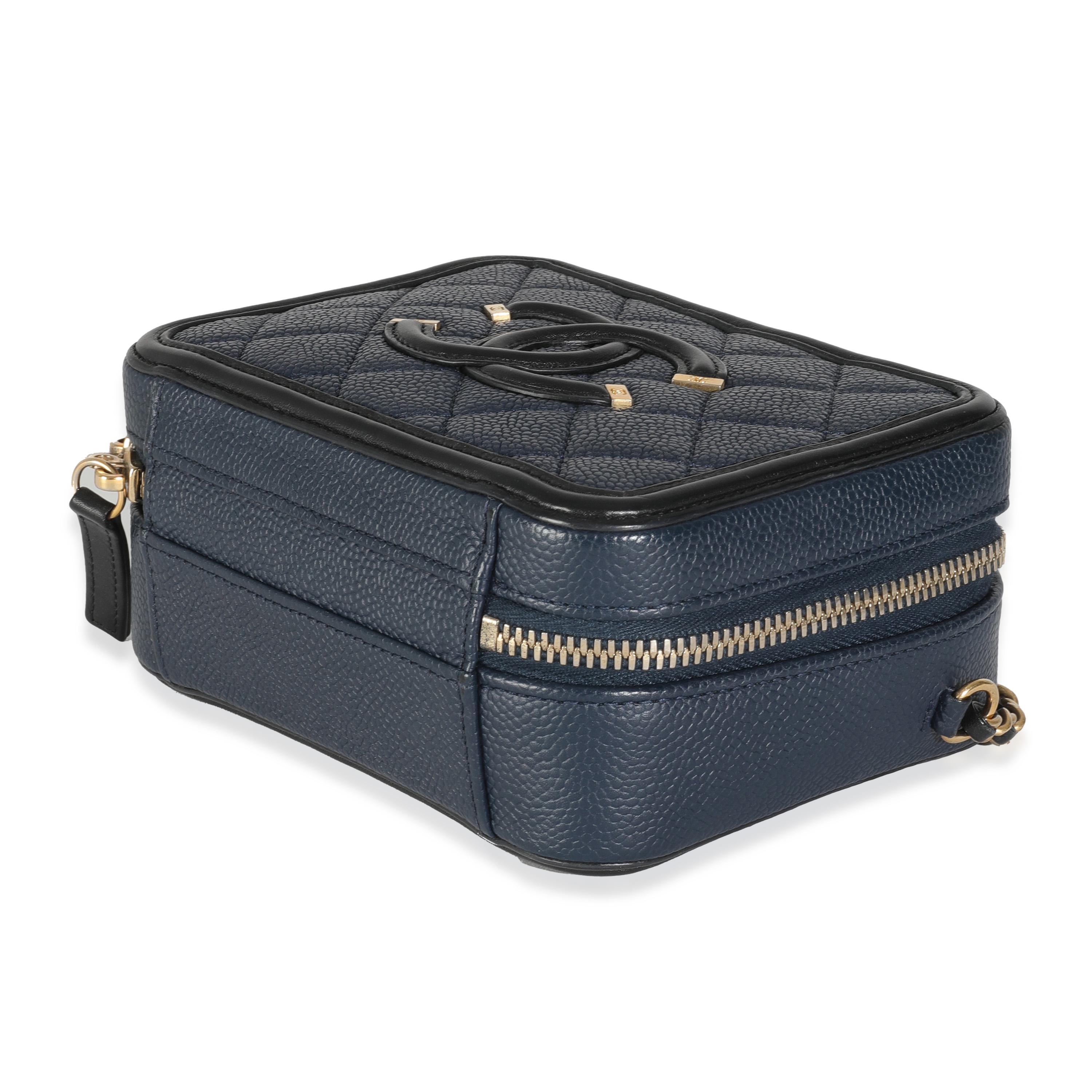 Chanel Black Navy Quilted Caviar Small CC FIligree Vanity Case For Sale 1