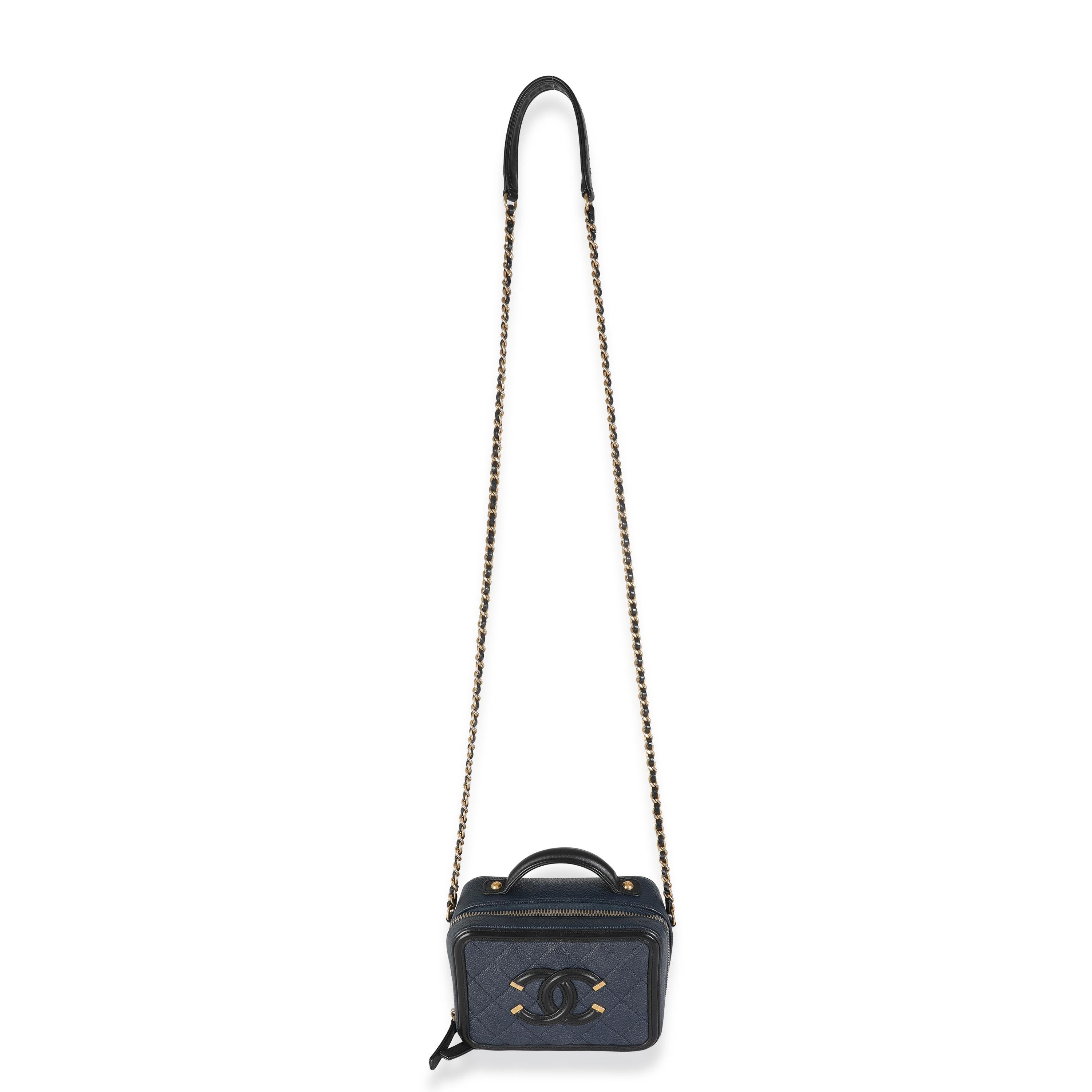 Chanel Black Navy Quilted Caviar Small CC FIligree Vanity Case For Sale 2