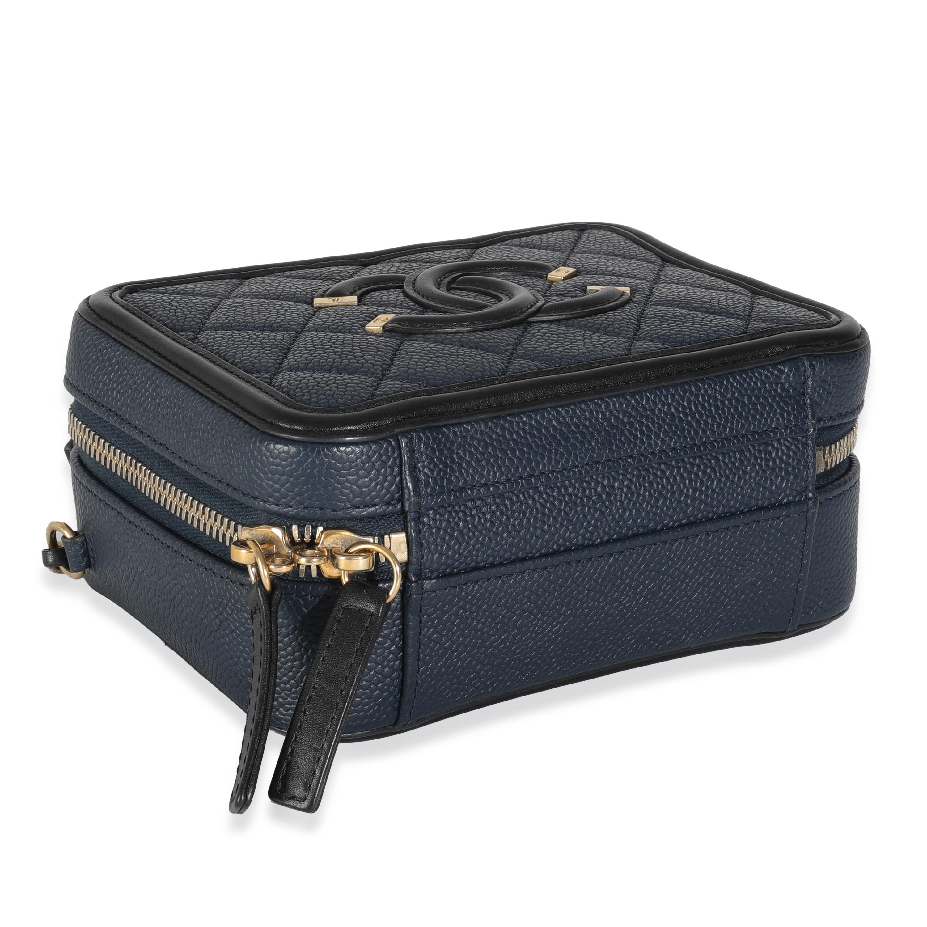 Chanel Black Navy Quilted Caviar Small CC FIligree Vanity Case For Sale 3