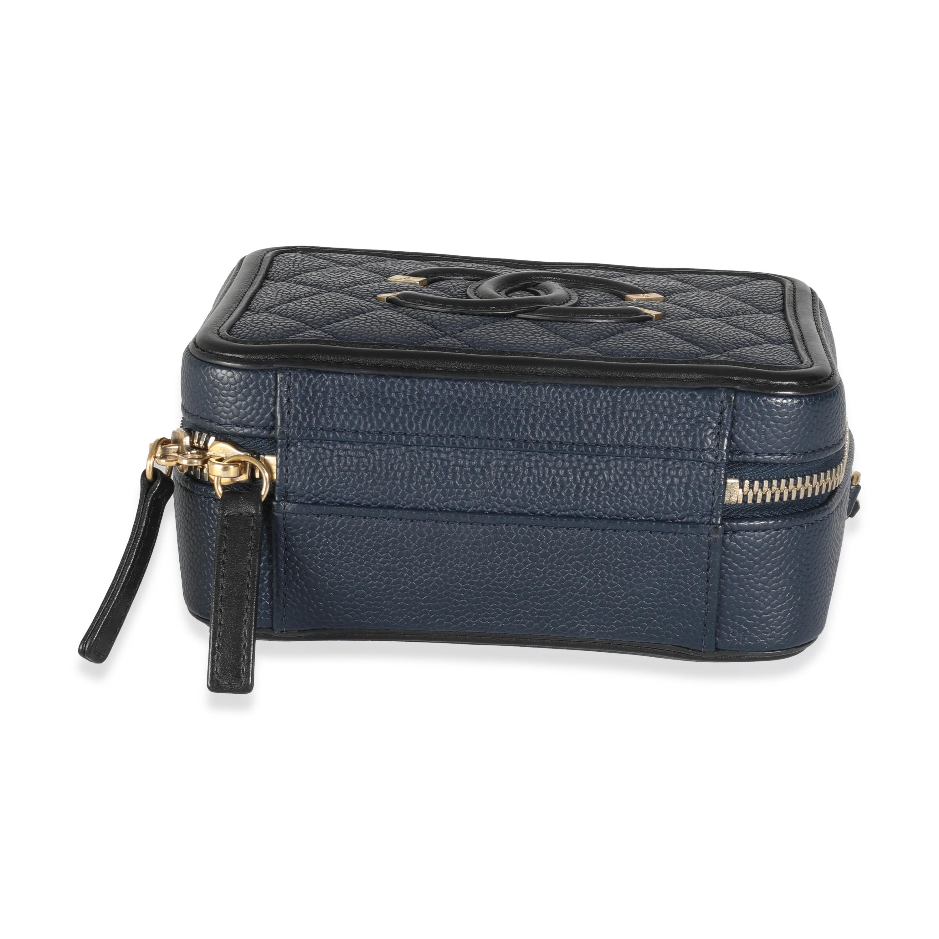 Chanel Black Navy Quilted Caviar Small CC FIligree Vanity Case For Sale 4