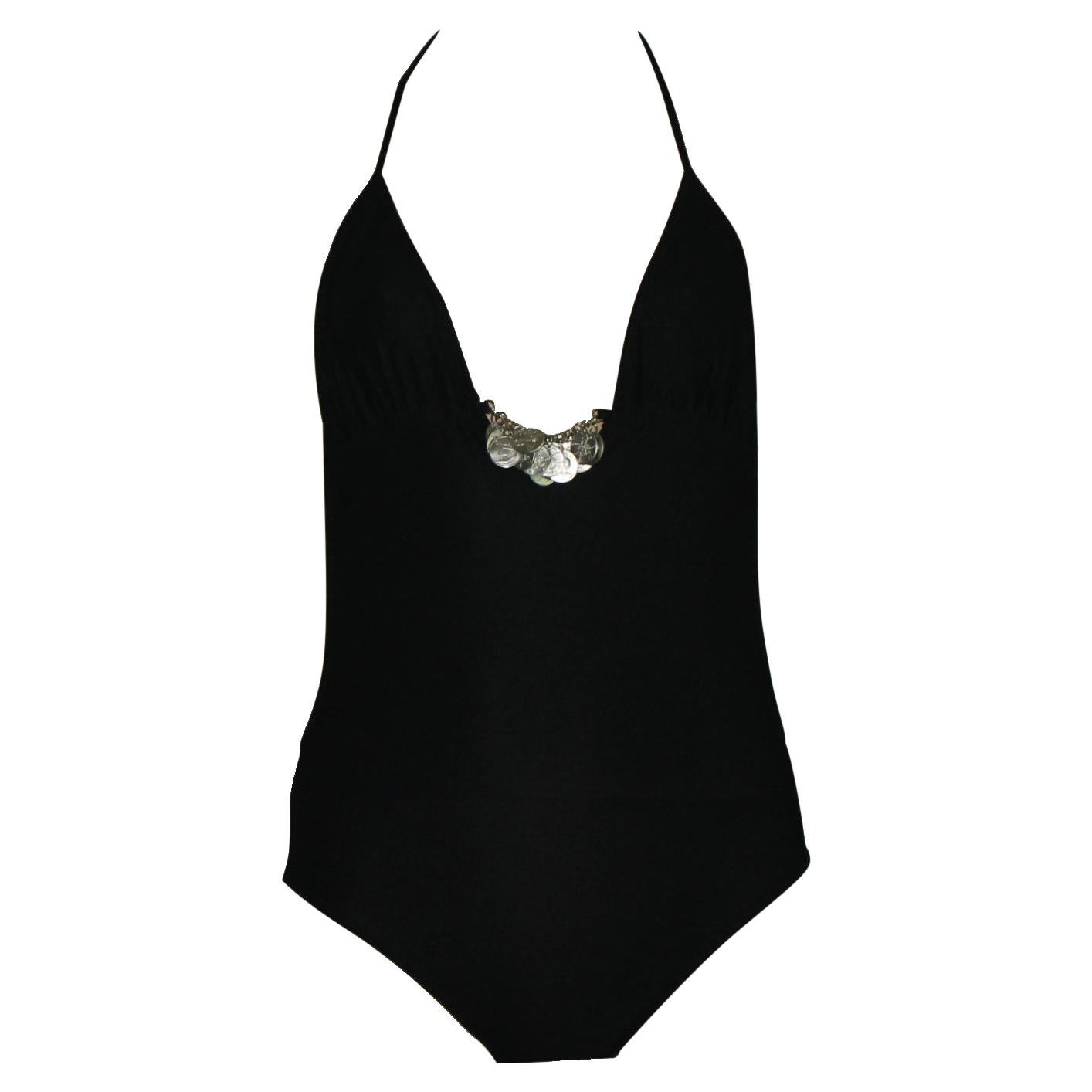 UNWORN Chanel Black Neckholder Swimsuit with Coco No 5 Logo Coin Details 36 For Sale