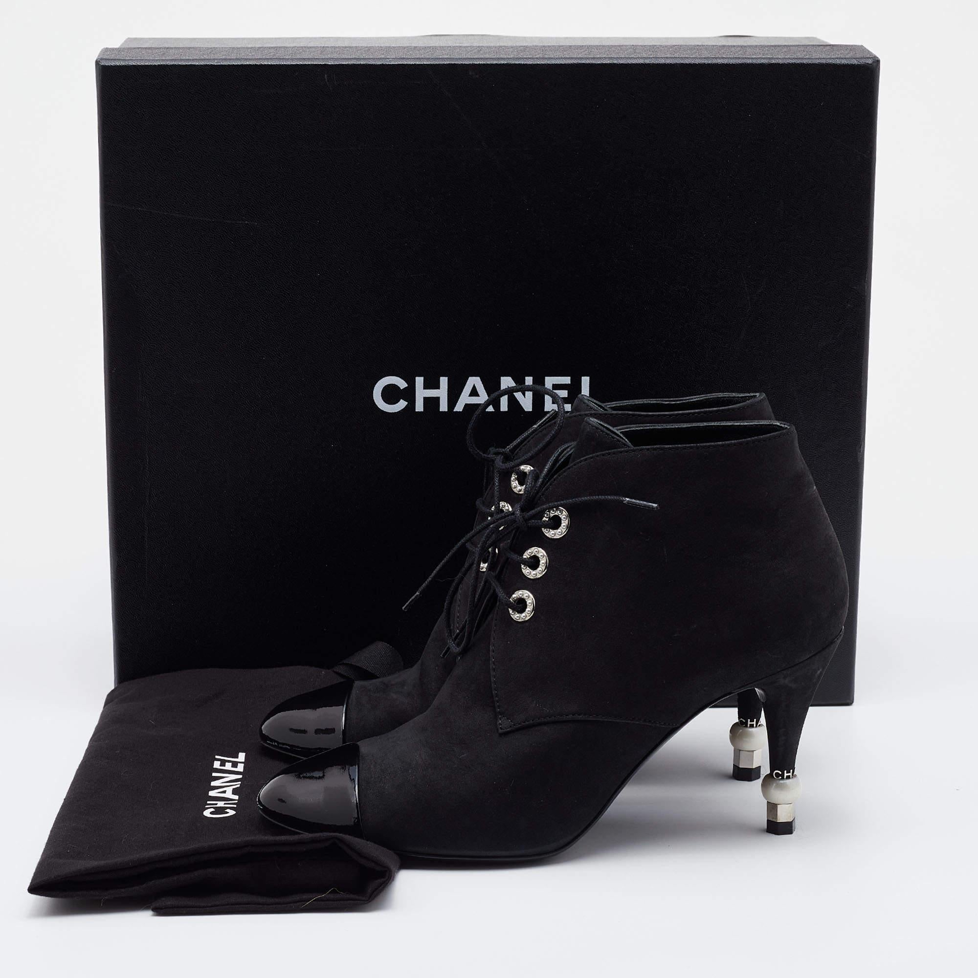 Chanel Black Nubuck and Patent Leather Cap Toe Embellished Booties Size 37 2