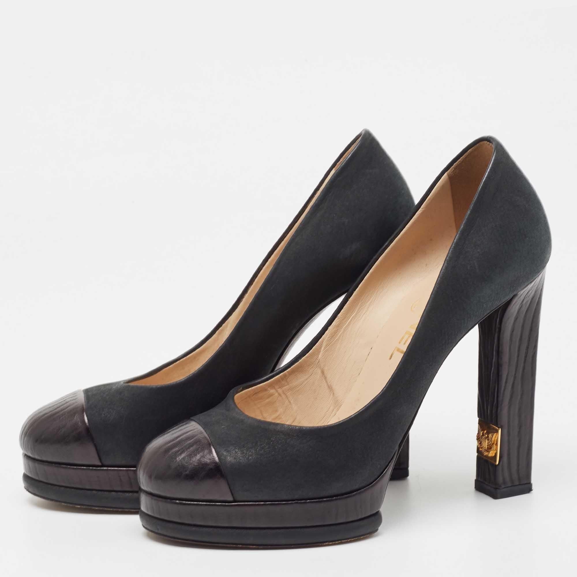 Chanel Black Nubuck Leather Cap Toe Block Heel Pumps Size 36.5 1