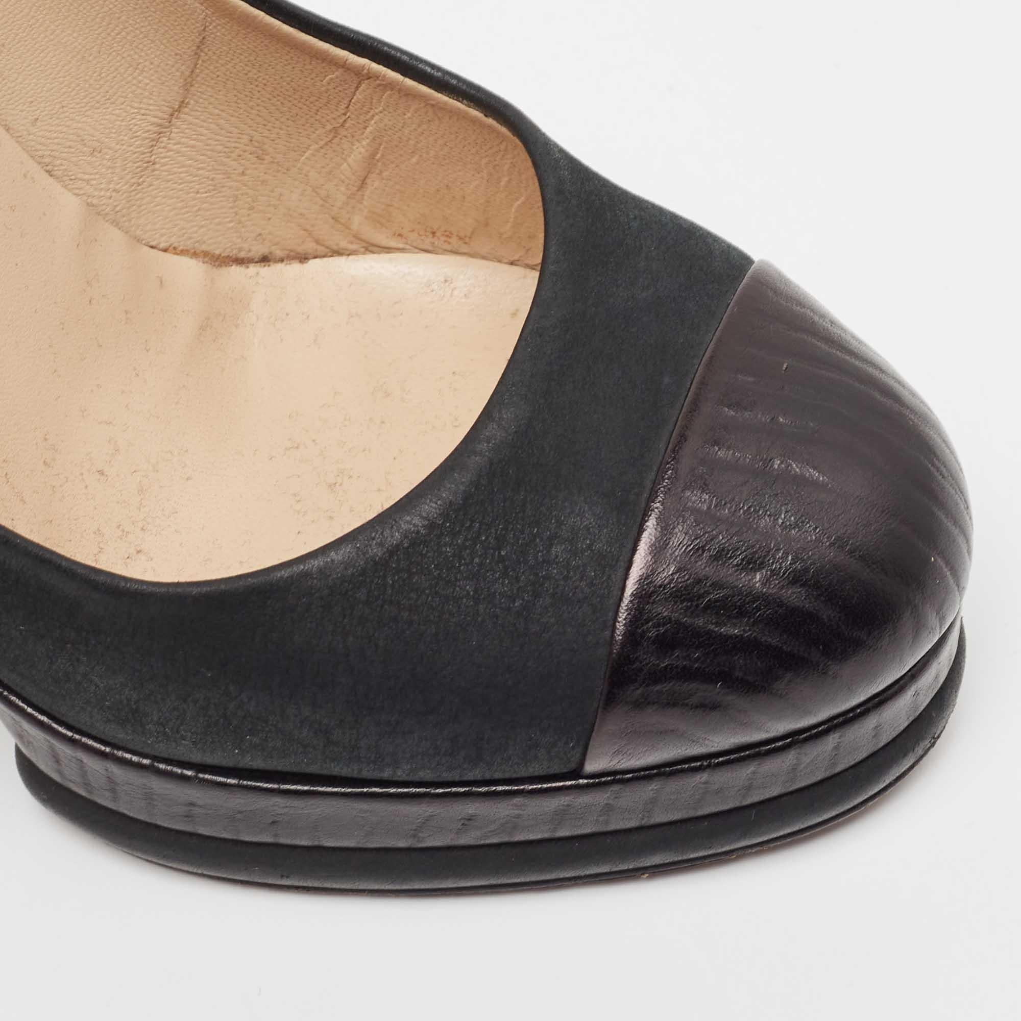Chanel Black Nubuck Leather Cap Toe Block Heel Pumps Size 36.5 3