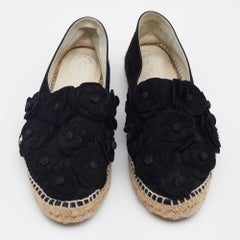 Chanel Black Nubuck Leather CC Camelia Applique Espadrille Flats Size 39