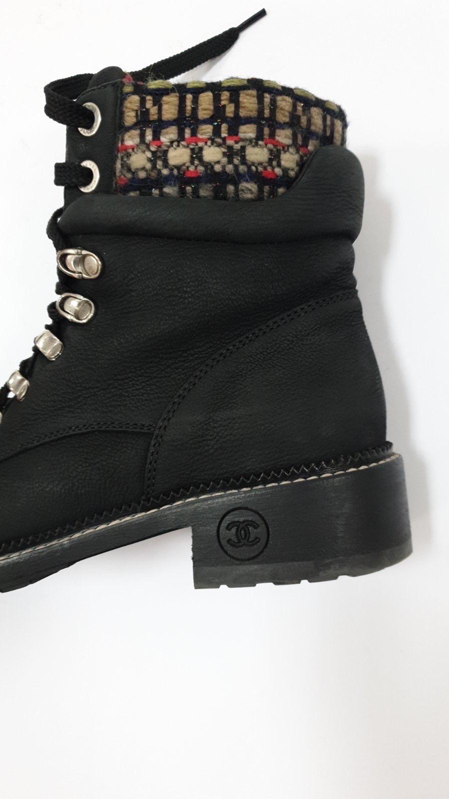 Chanel Black Nubuck Tweed Lace-Up Combat Boots For Sale 1