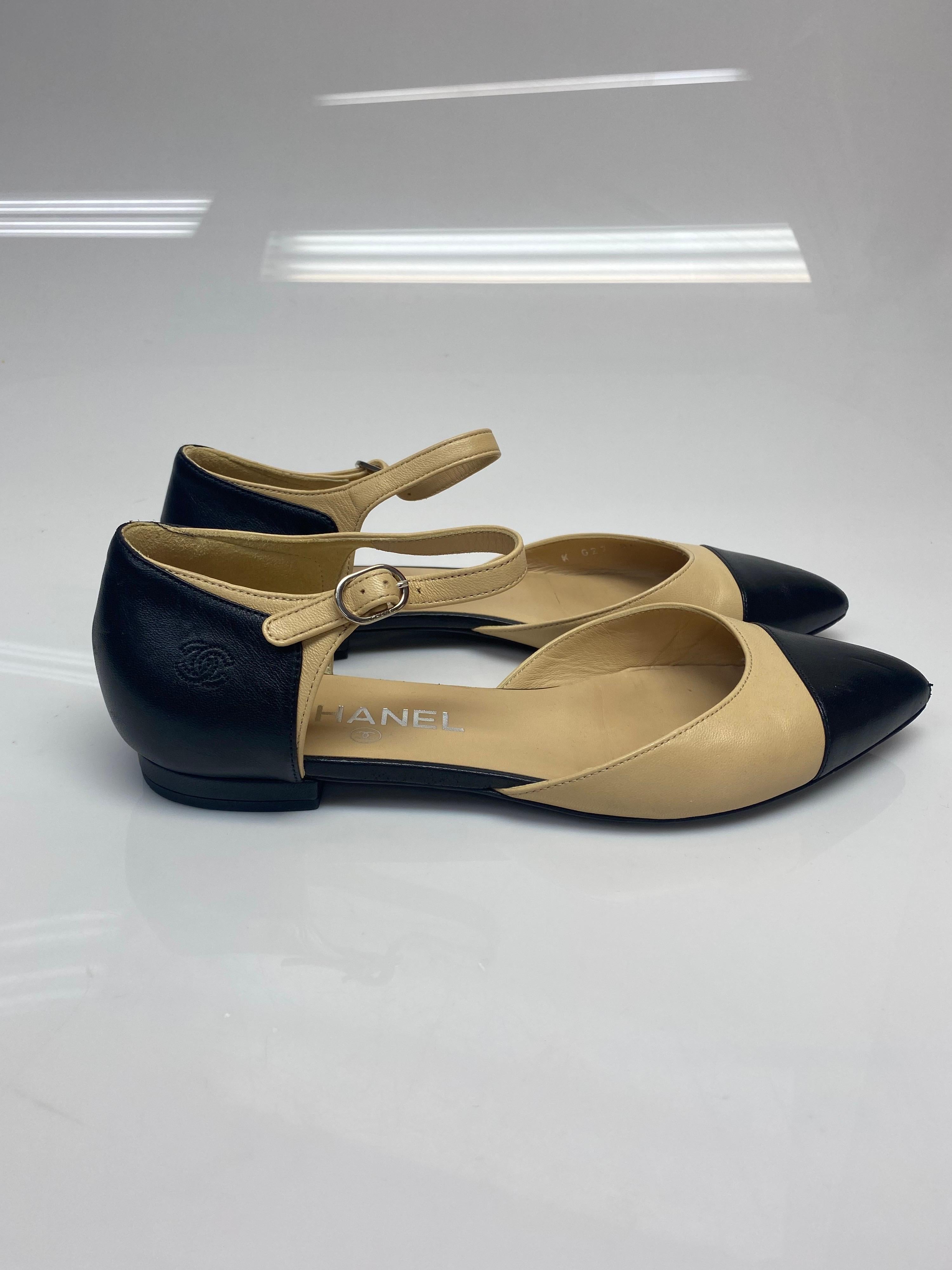 Brown Chanel Black Nude Leather Ballerina Pointed Toe Flats - Size 38