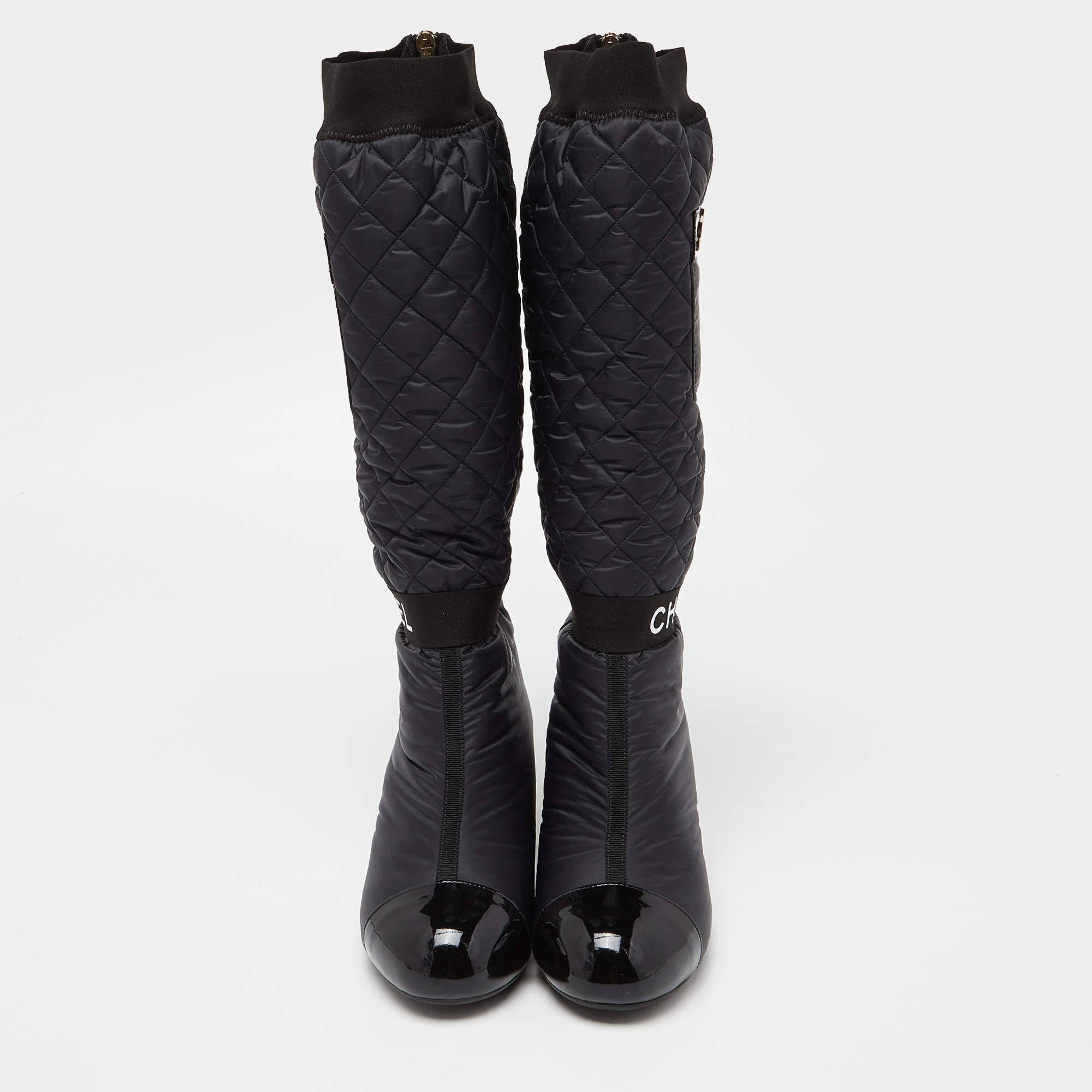 Chanel Black Nylon and Patent Leather Interlocking CC Knee High Sock Boots Size  In New Condition In Dubai, Al Qouz 2