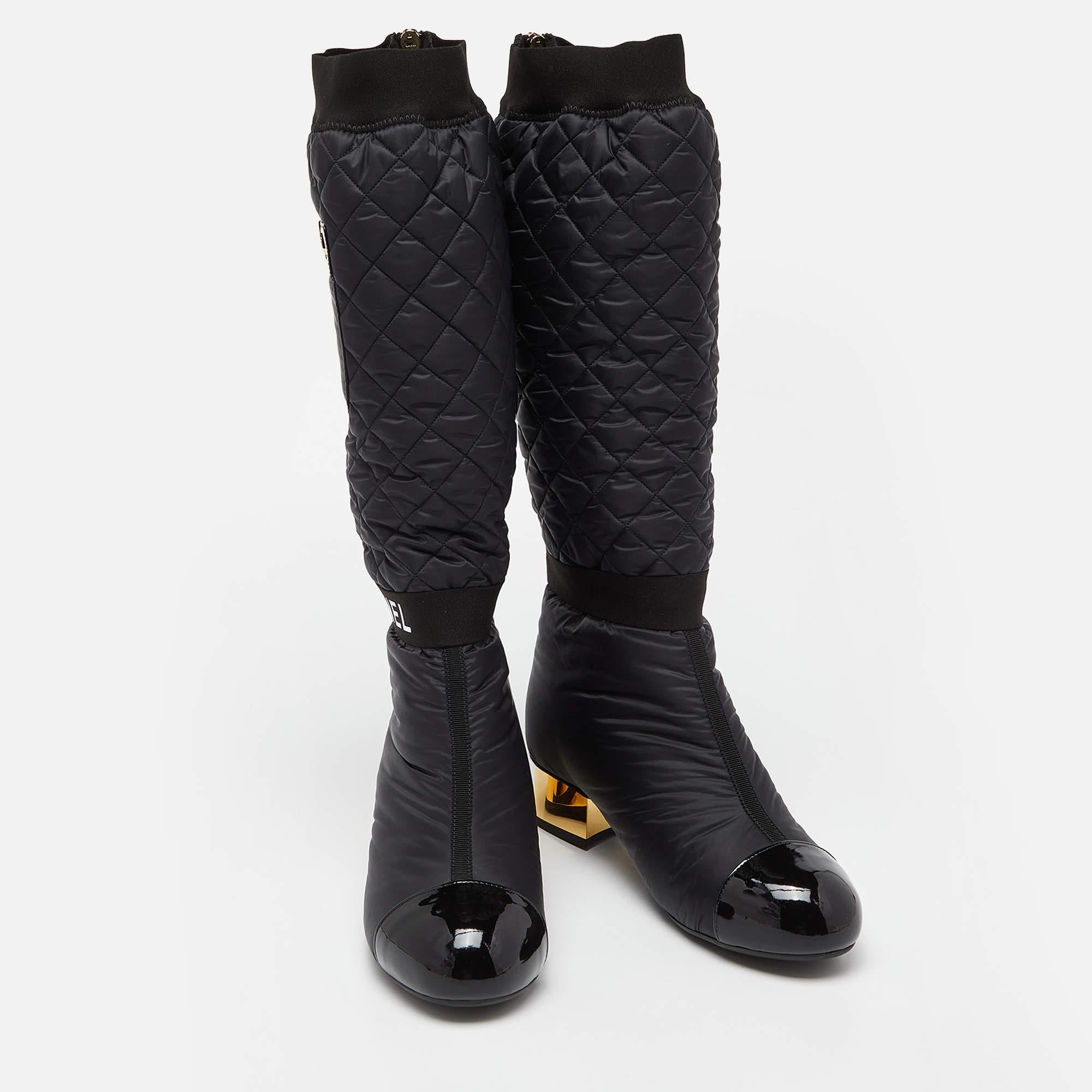 Women's Chanel Black Nylon and Patent Leather Interlocking CC Knee High Sock Boots Size 