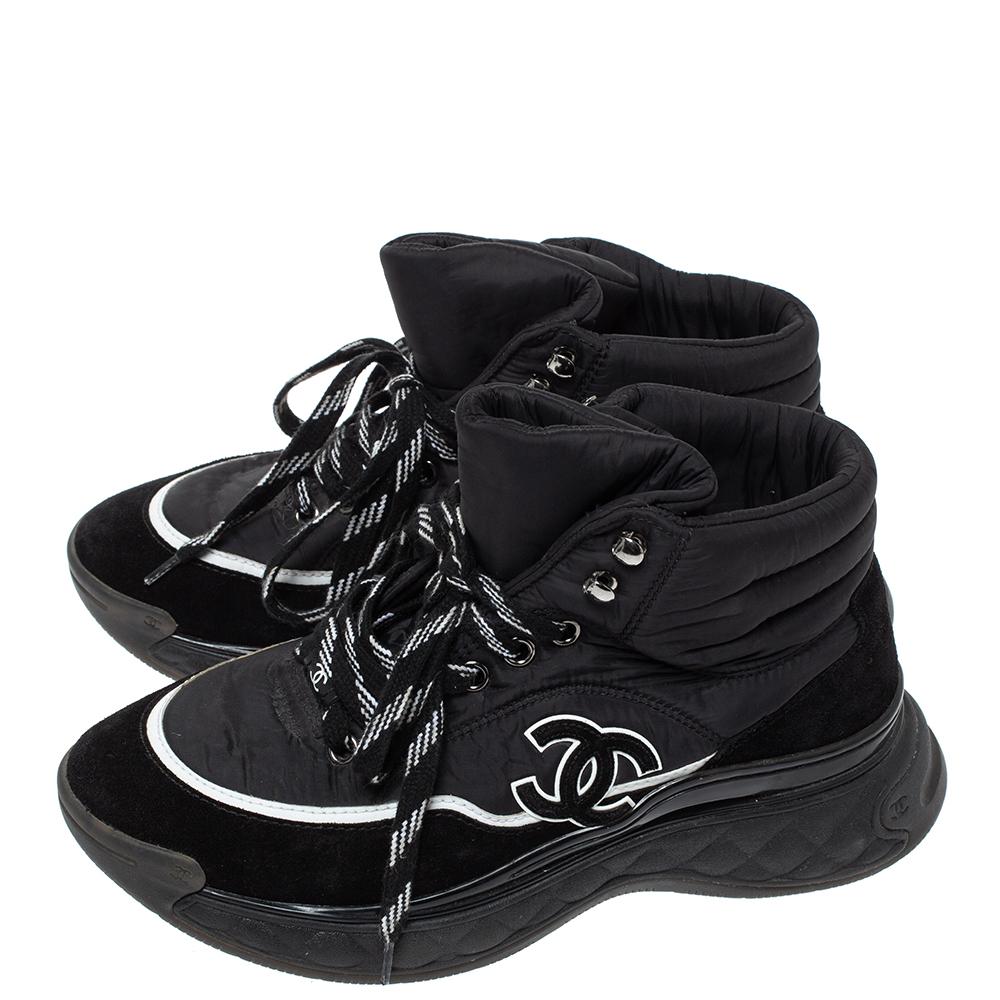 Chanel Black Nylon And Suede High Top Lace Up Sneakers Size 36 at 1stDibs
