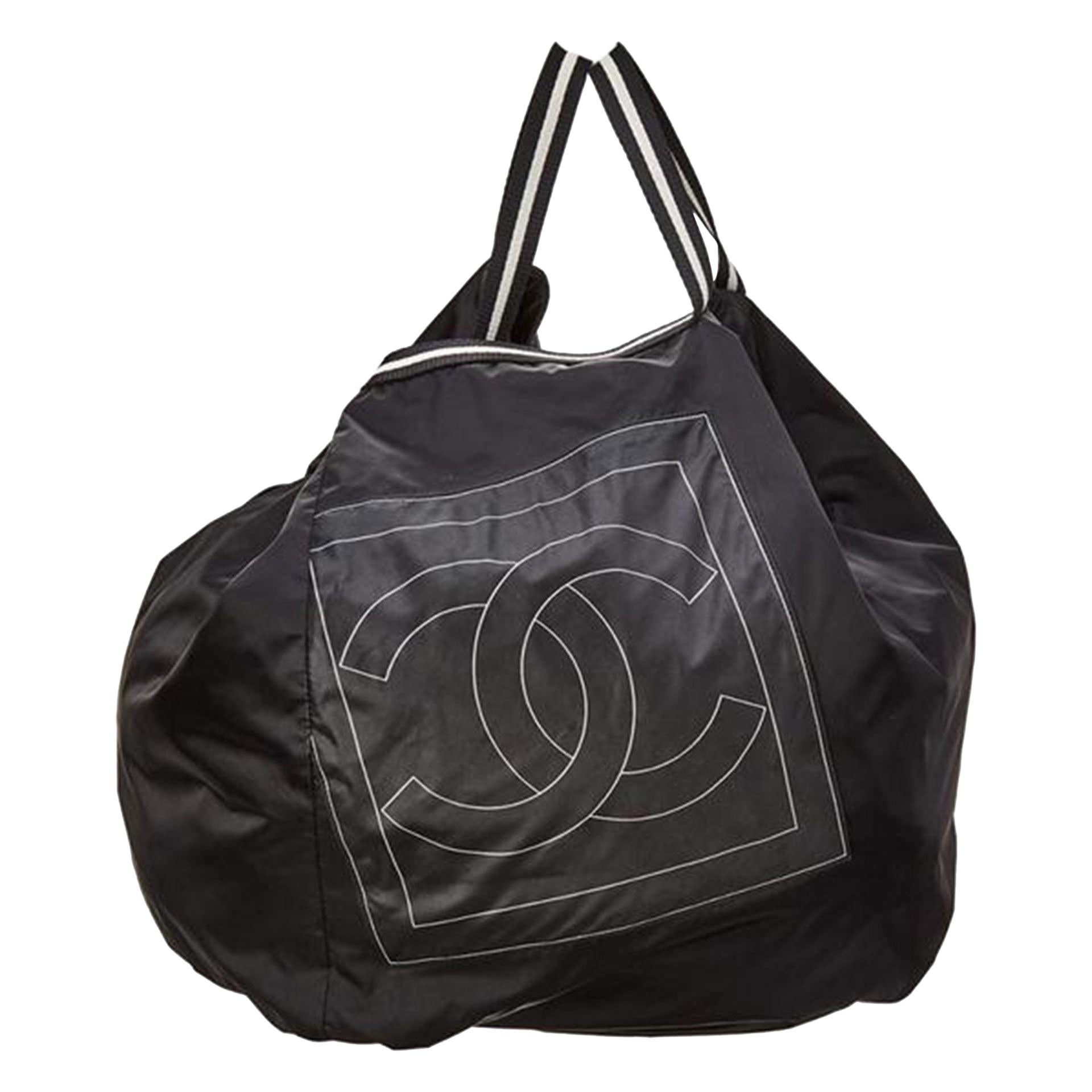 Chanel Black Nylon Microfiber Large CC Logo Tote In Good Condition For Sale In Miami, FL