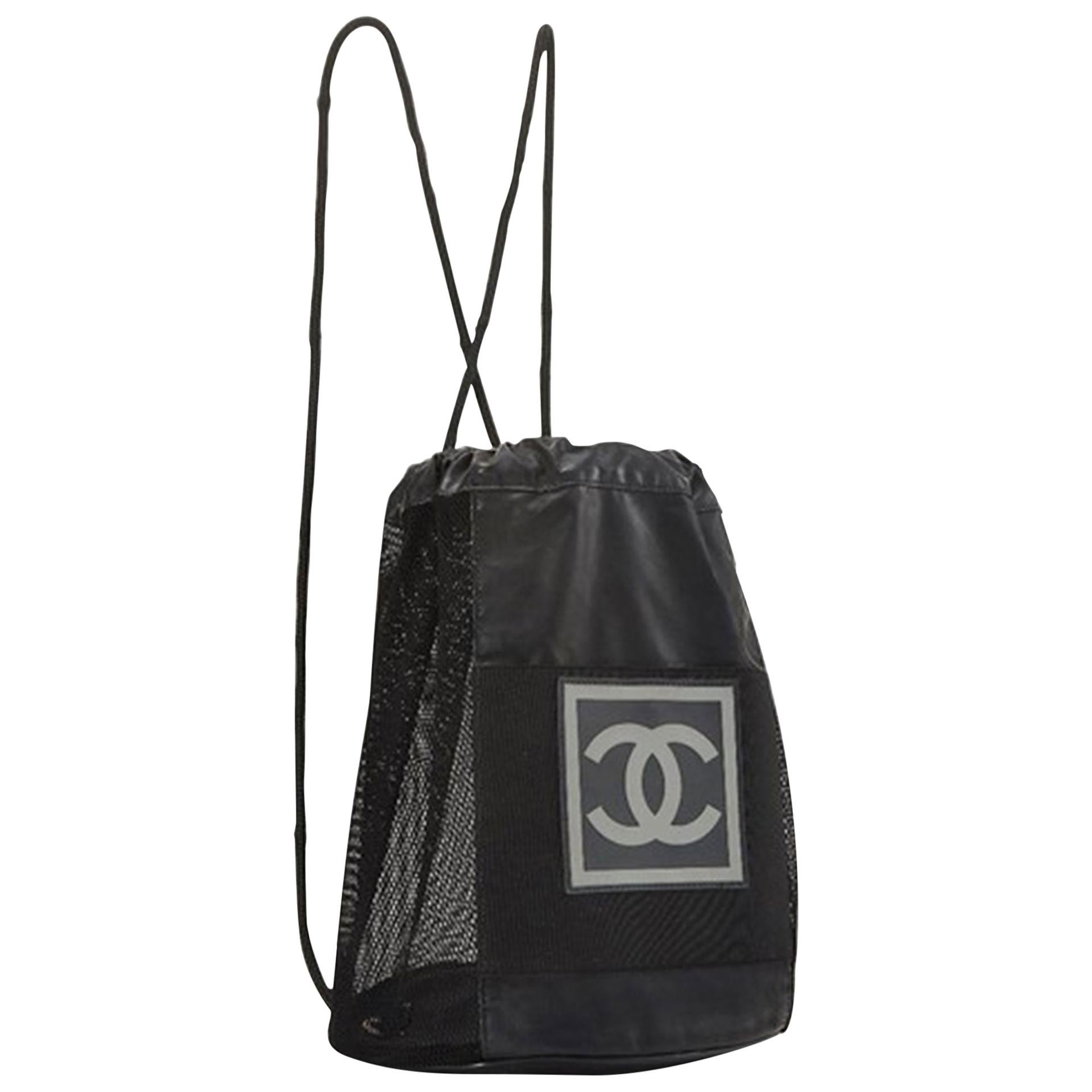Chanel Black Nylon Shopping CC Logo Mesh Sport Backpack In Good Condition For Sale In Miami, FL