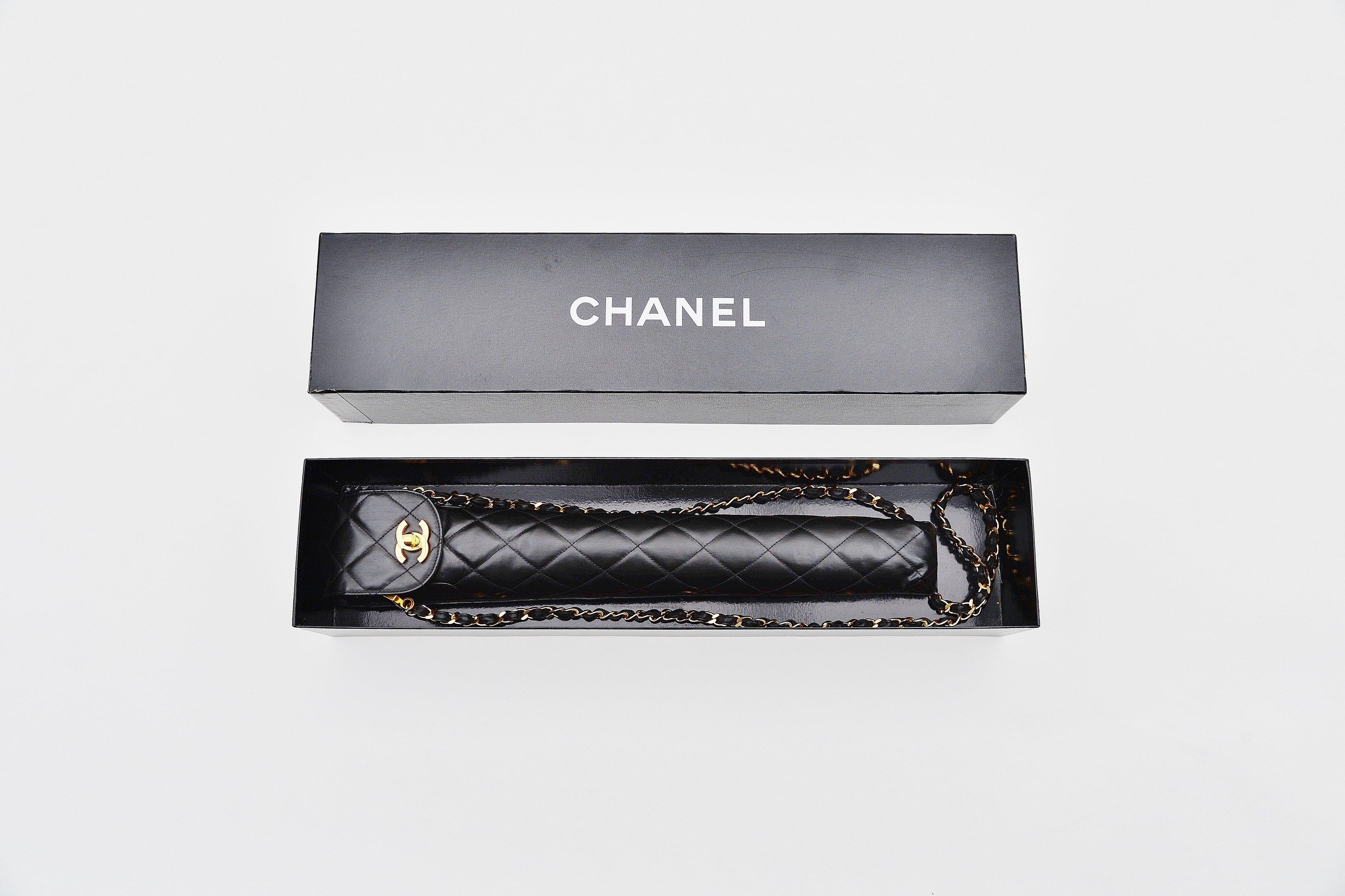 Chanel Black Nylon Umbrella With Quilted Lambskin Shoulder Chain Case 3