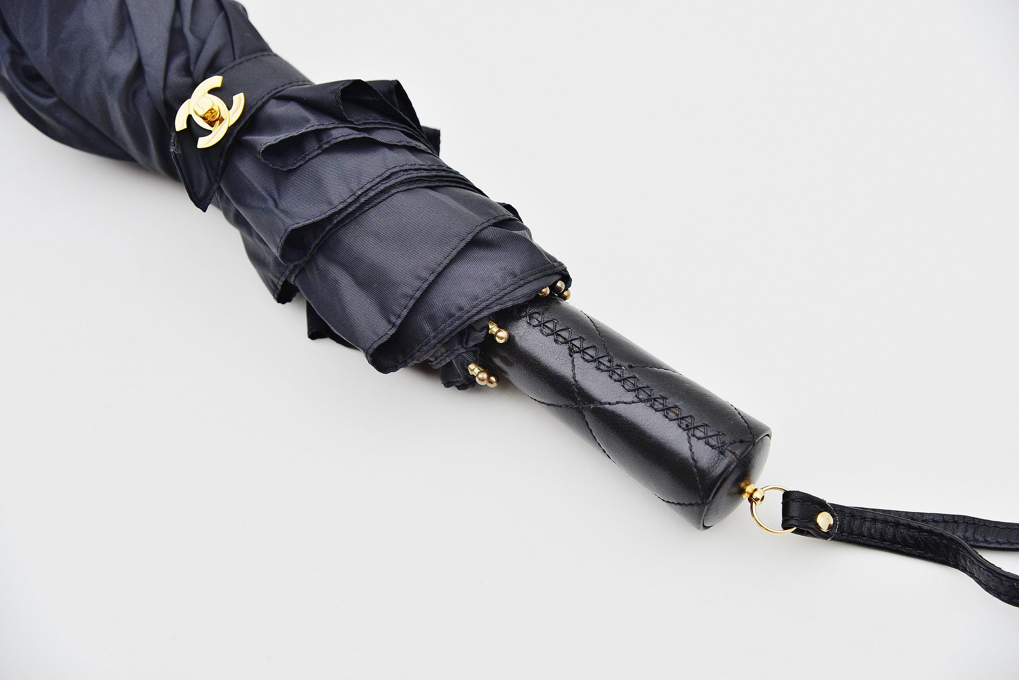 Chanel Black Nylon Umbrella With Quilted Lambskin Shoulder Chain Case 1