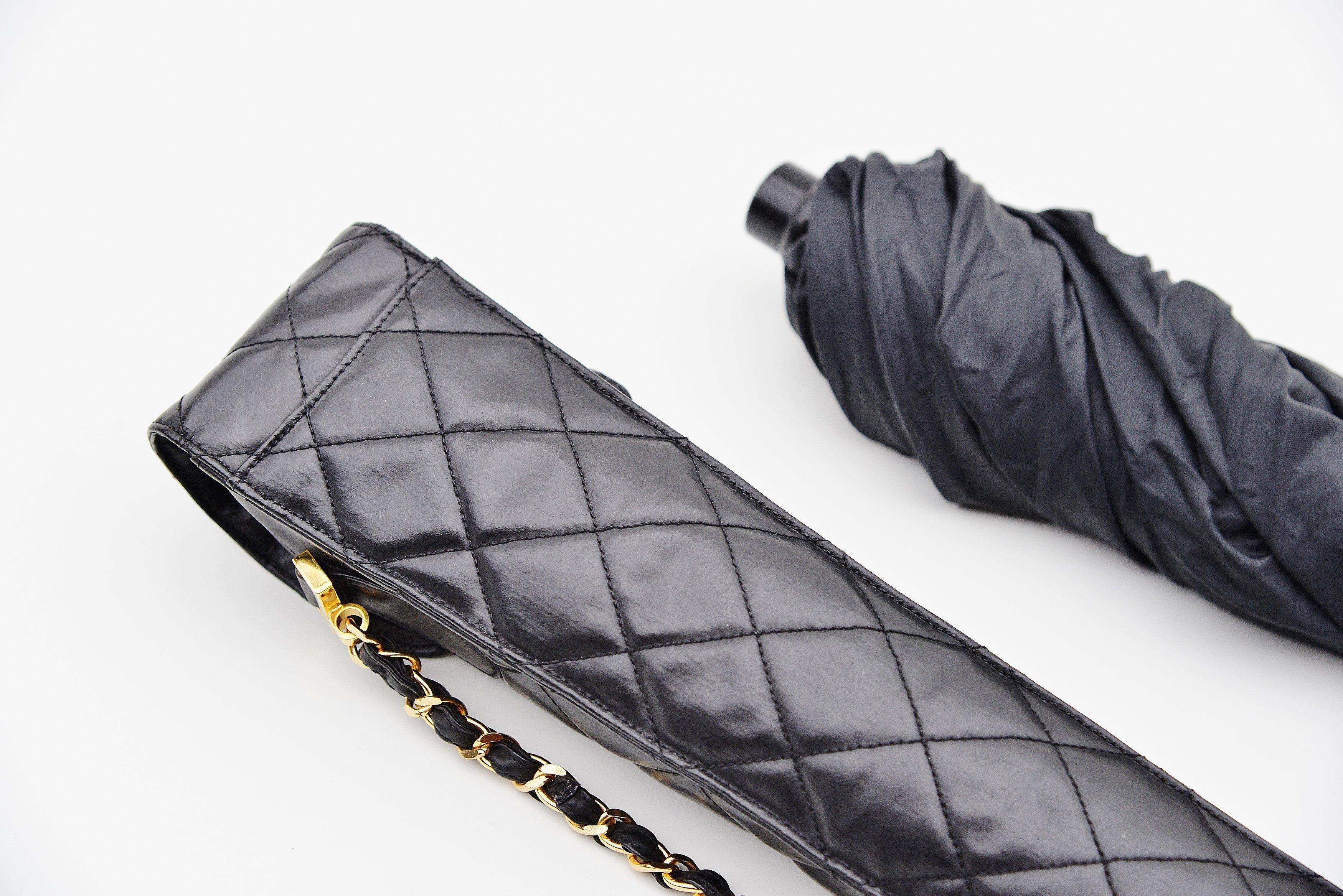 Chanel Black Nylon Umbrella With Quilted Lambskin Shoulder Chain Case 2