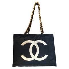 Chanel Black nylon white CC Logo tote bag