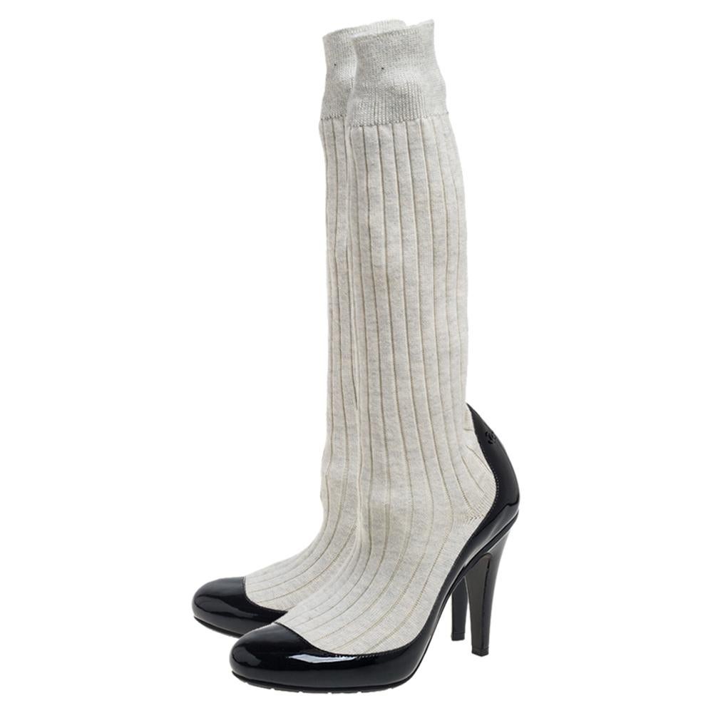 Chanel Black/Off White Patent Leather And Sock Knee Boots Size 36 In Excellent Condition In Dubai, Al Qouz 2