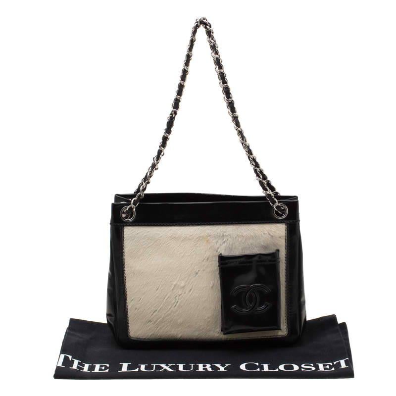 Chanel Black/Off White Pony Hair and Patent Leather Chain Tote 8
