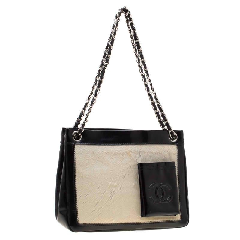Women's Chanel Black/Off White Pony Hair and Patent Leather Chain Tote