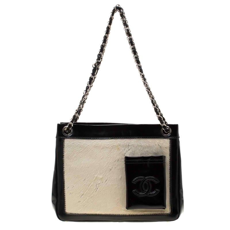 Chanel Black/Off White Pony Hair and Patent Leather Chain Tote