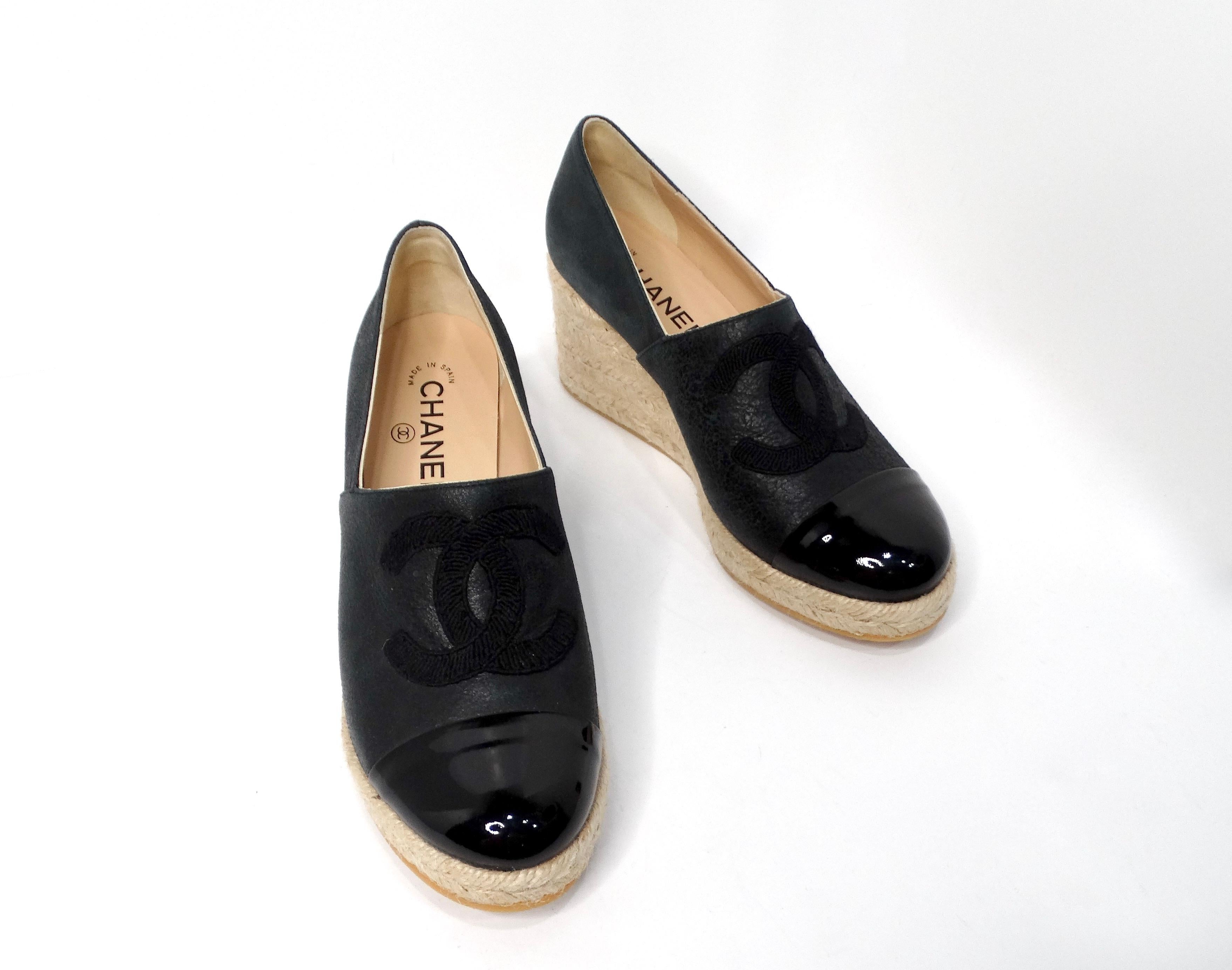 Women's Chanel Black On Black Leather Interlocking CC Espadrille Wedges