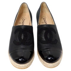 Chanel Black On Black Leather Interlocking CC Espadrille Wedges