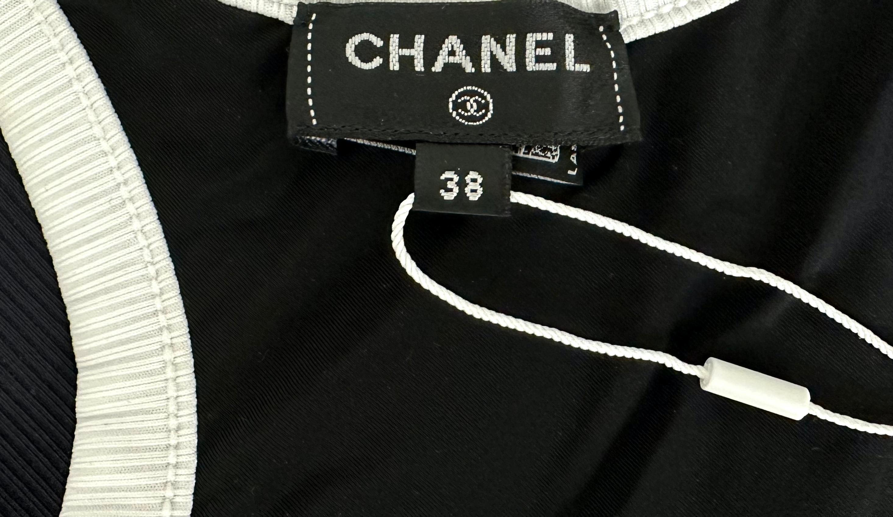 CHANEL Black One Piece Swimsuit Bathing Suit CC Crystal Logo White Trim 38 NWT In New Condition In Hollywood, FL