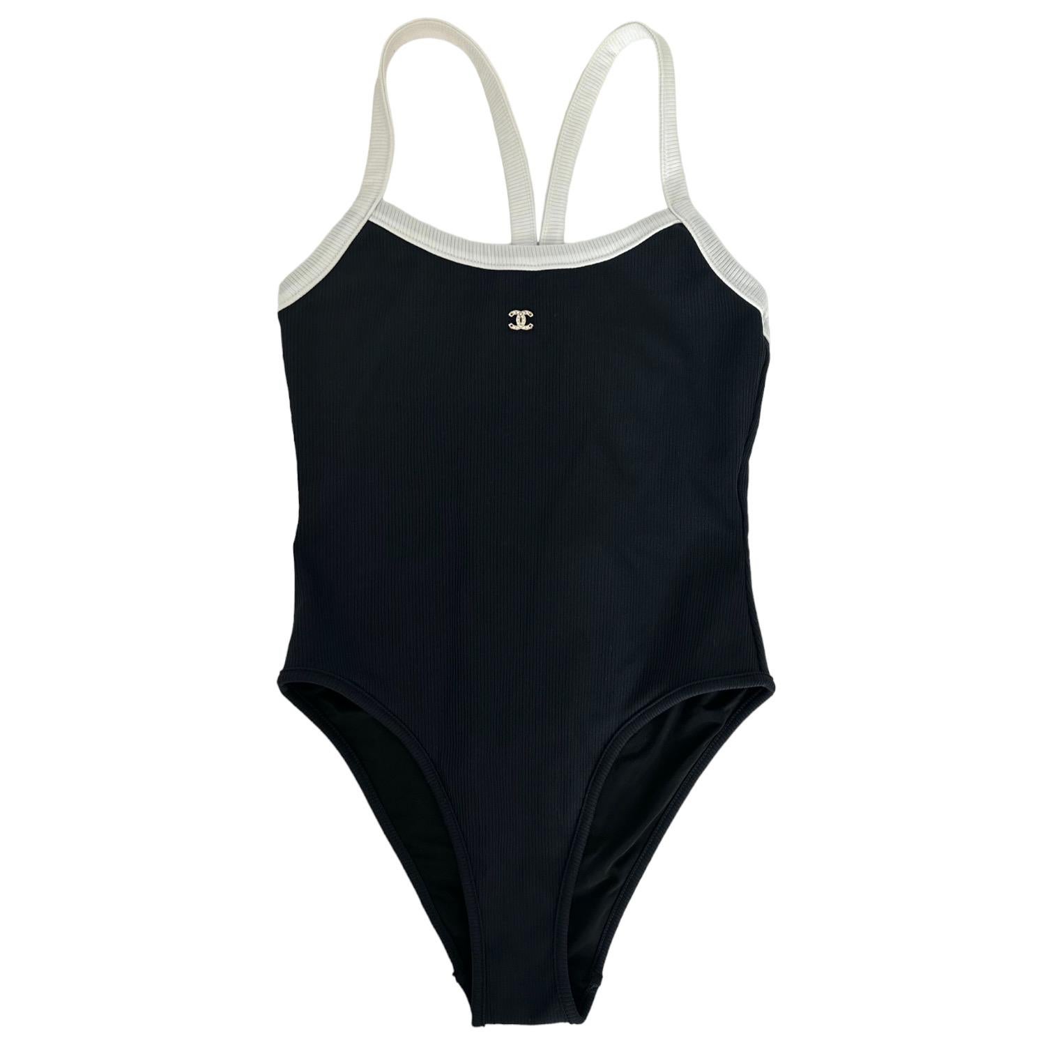 CHANEL Black One Piece Swimsuit Bathing Suit CC Crystal Logo White Trim 38  NWT at 1stDibs