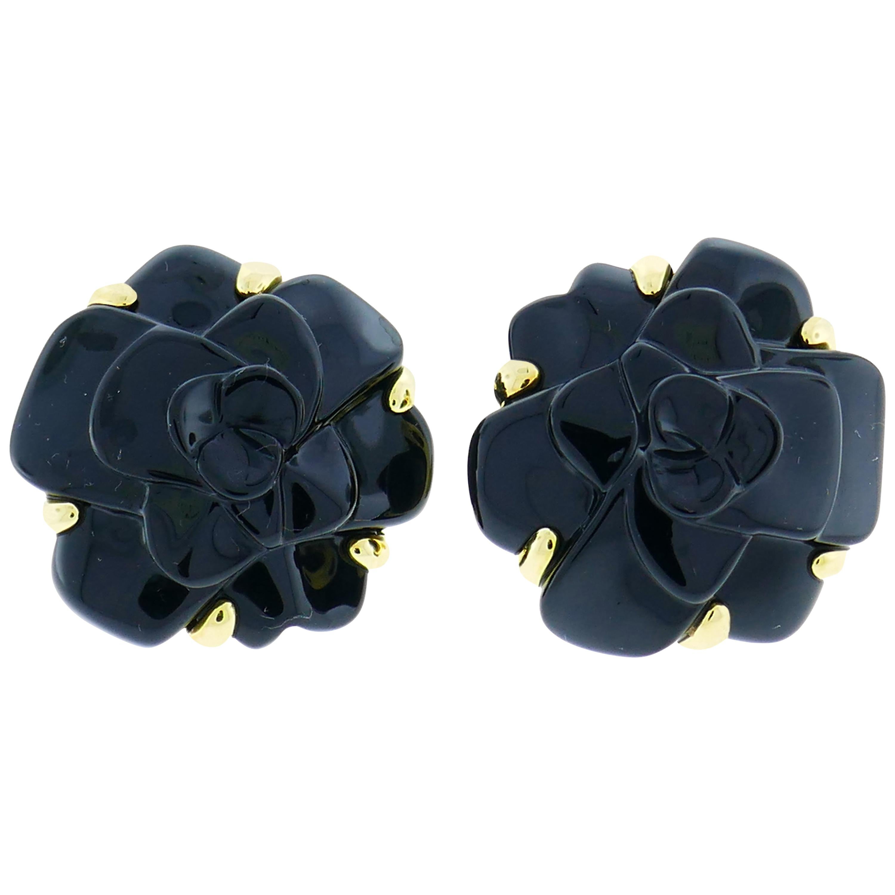 Chanel Black Onyx Gold Camellia Earrings at 1stDibs