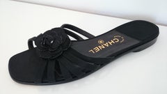 Chanel Black Open Flowers Silk Stripes Sandals. Excellent conditions. Size 41