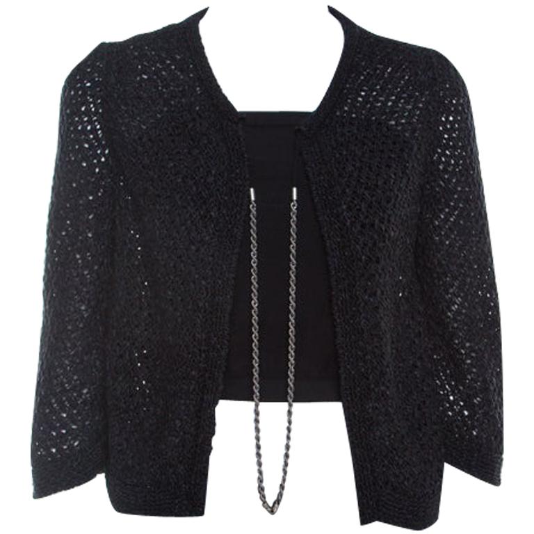 Chanel Black Open Weave Silver Tone Chain Detail Cropped Cardigan M