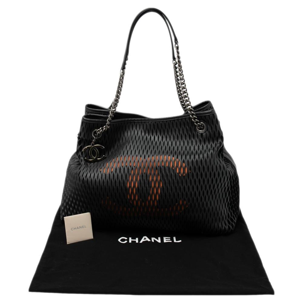 Chanel Black/Orange Perforated Leather CC Chain Tote 5