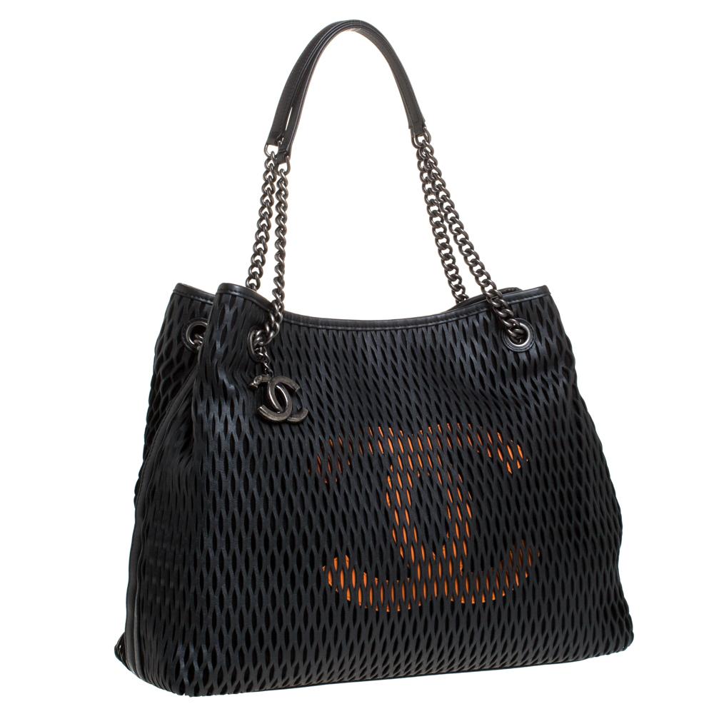 Women's Chanel Black/Orange Perforated Leather CC Chain Tote