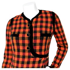 Chanel Black & Orange Plaid Tweed & Velvet Long-Sleeve Dress circa 1989