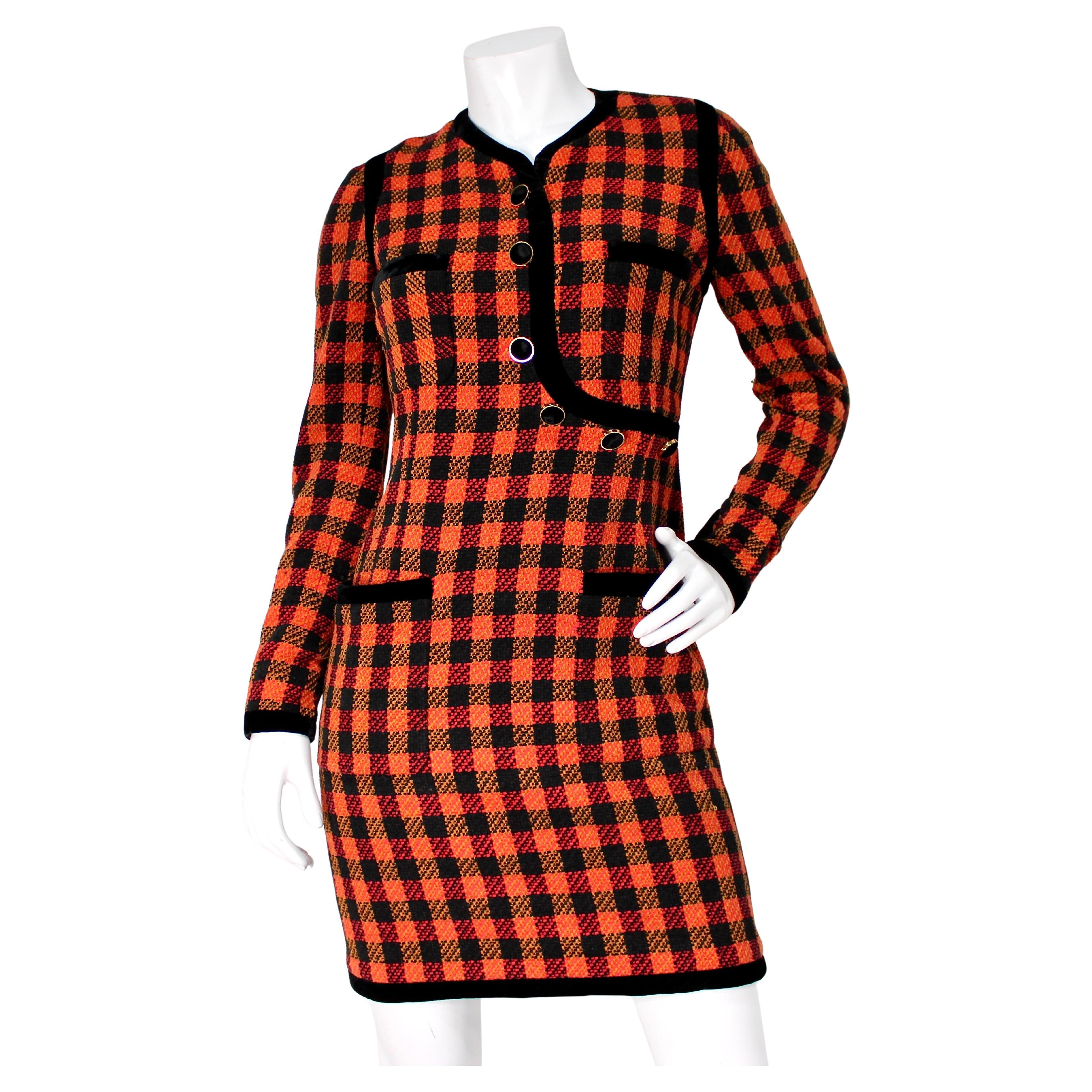 Chanel Black & Orange Plaid Tweed & Velvet Long-Sleeve Dress circa 1989