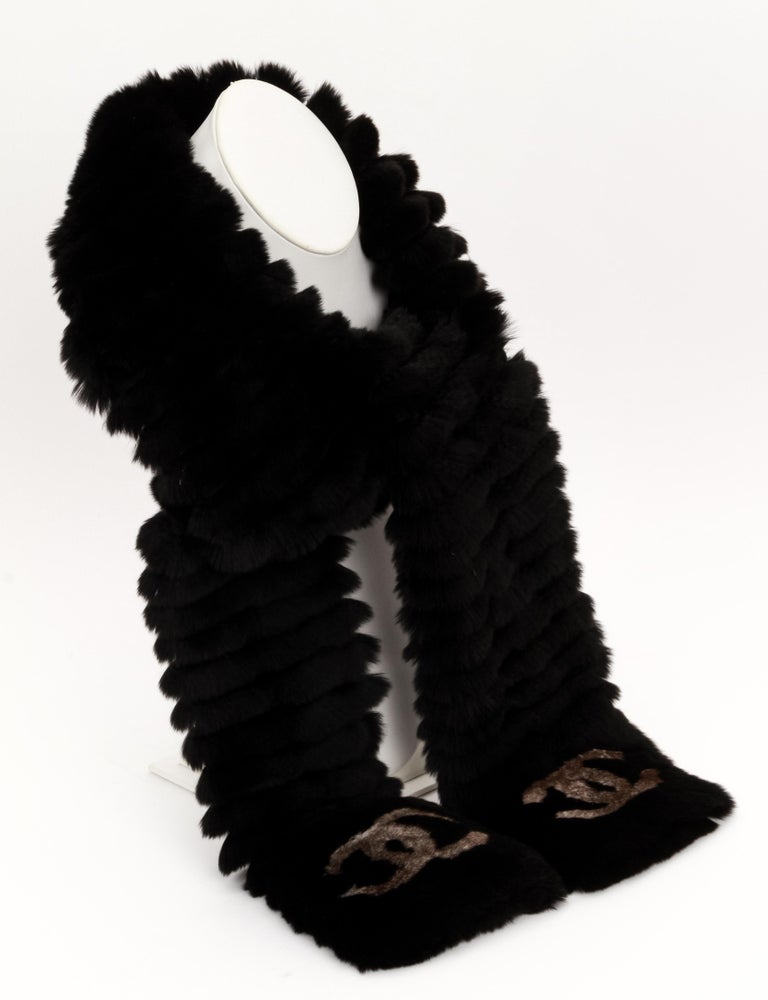 Chanel Black Orylag Rabbit Striped Fur Scarf For Sale at 1stDibs