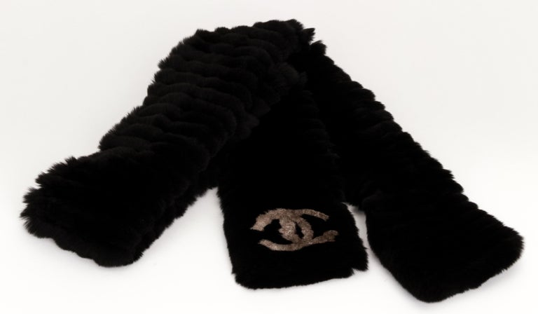 Chanel Black Orylag Rabbit Striped Fur Scarf For Sale at 1stDibs