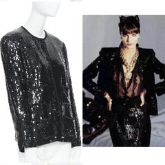 CHANEL black paillette sequins grosgrain trimmed 4 pocket evening jacket FR42