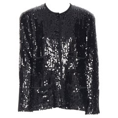 CHANEL black paillette sequins grosgrain trimmed 4 pocket evening jacket FR42