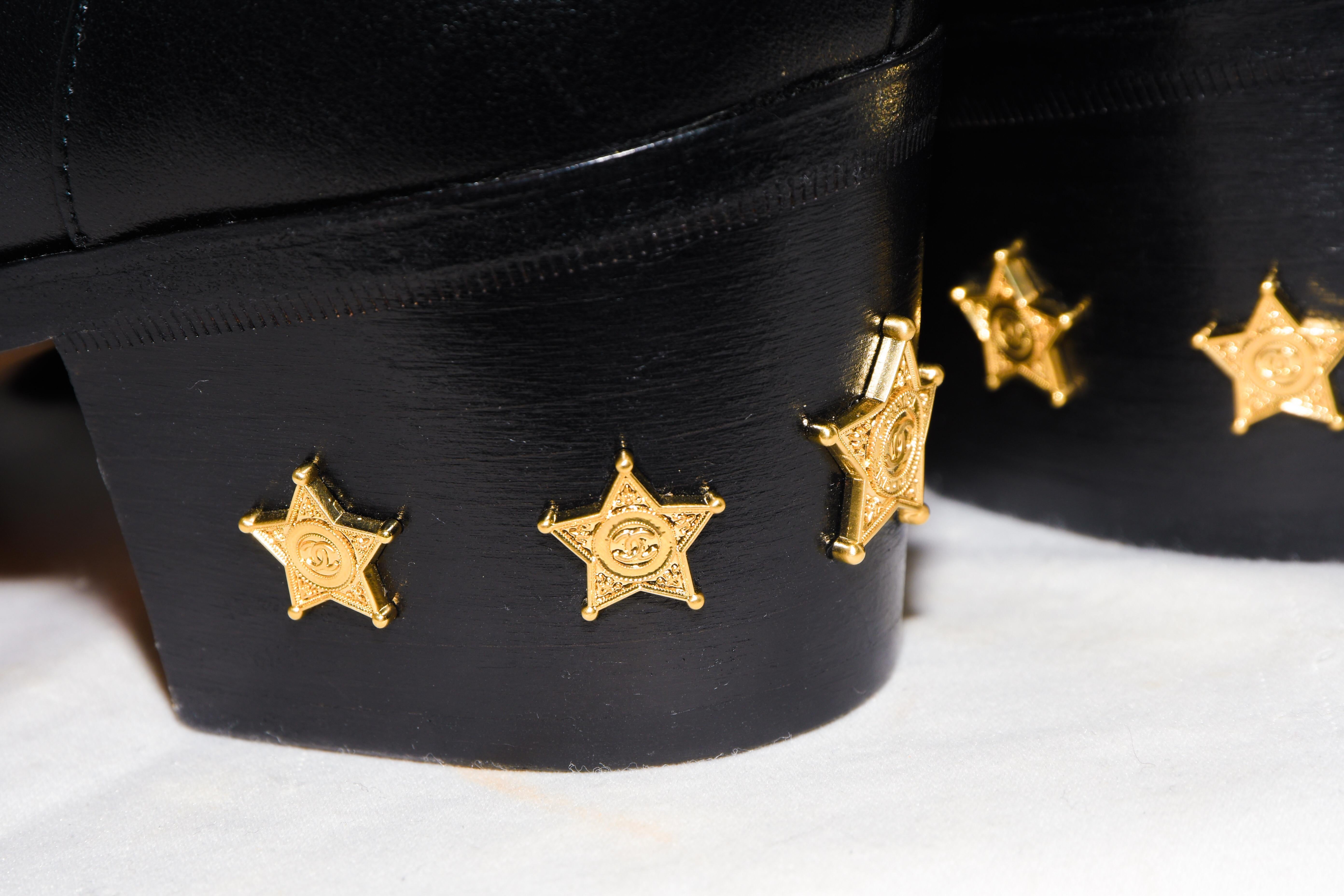 Women's Chanel Black Paris to Dallas Ankle Booties Gold Tone Cap & Sheriff's Badges Heel For Sale