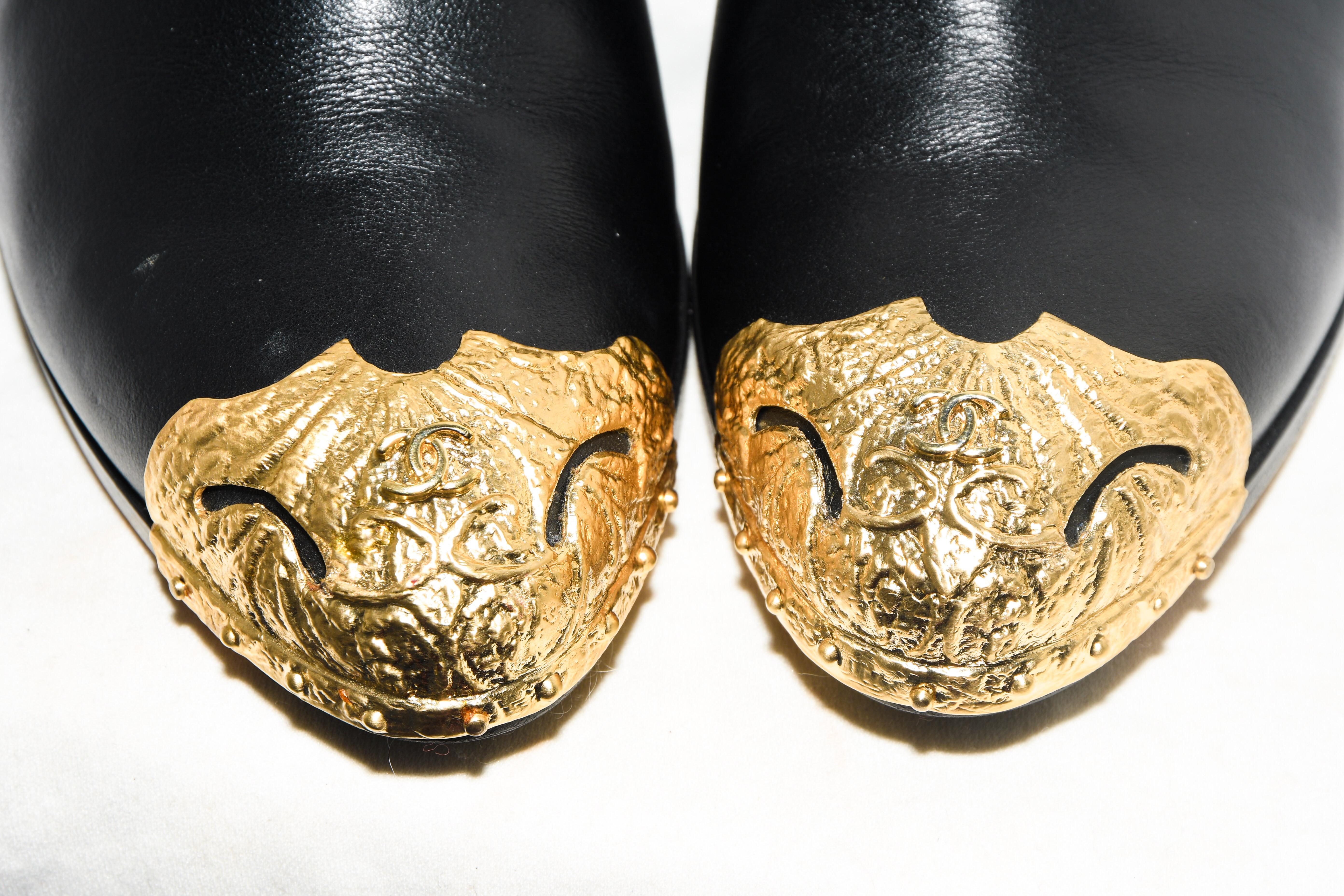 Chanel Black Paris to Dallas Ankle Booties Gold Tone Cap & Sheriff's Badges Heel For Sale 1