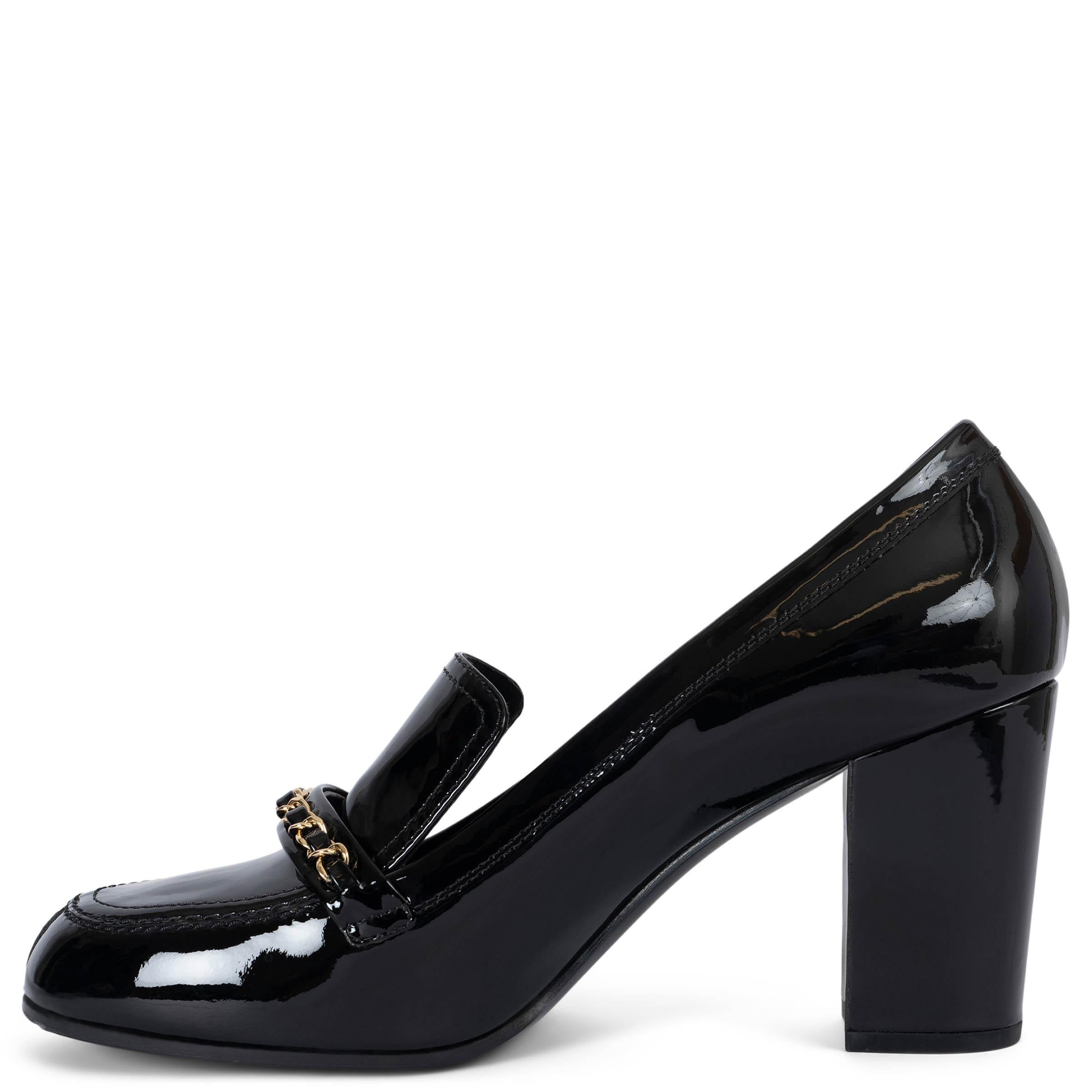 CHANEL charol negro 15A SALZBURG CHAIN LOAFER Zapatos Bombas 41.5 fit 40.5 Negro en venta
