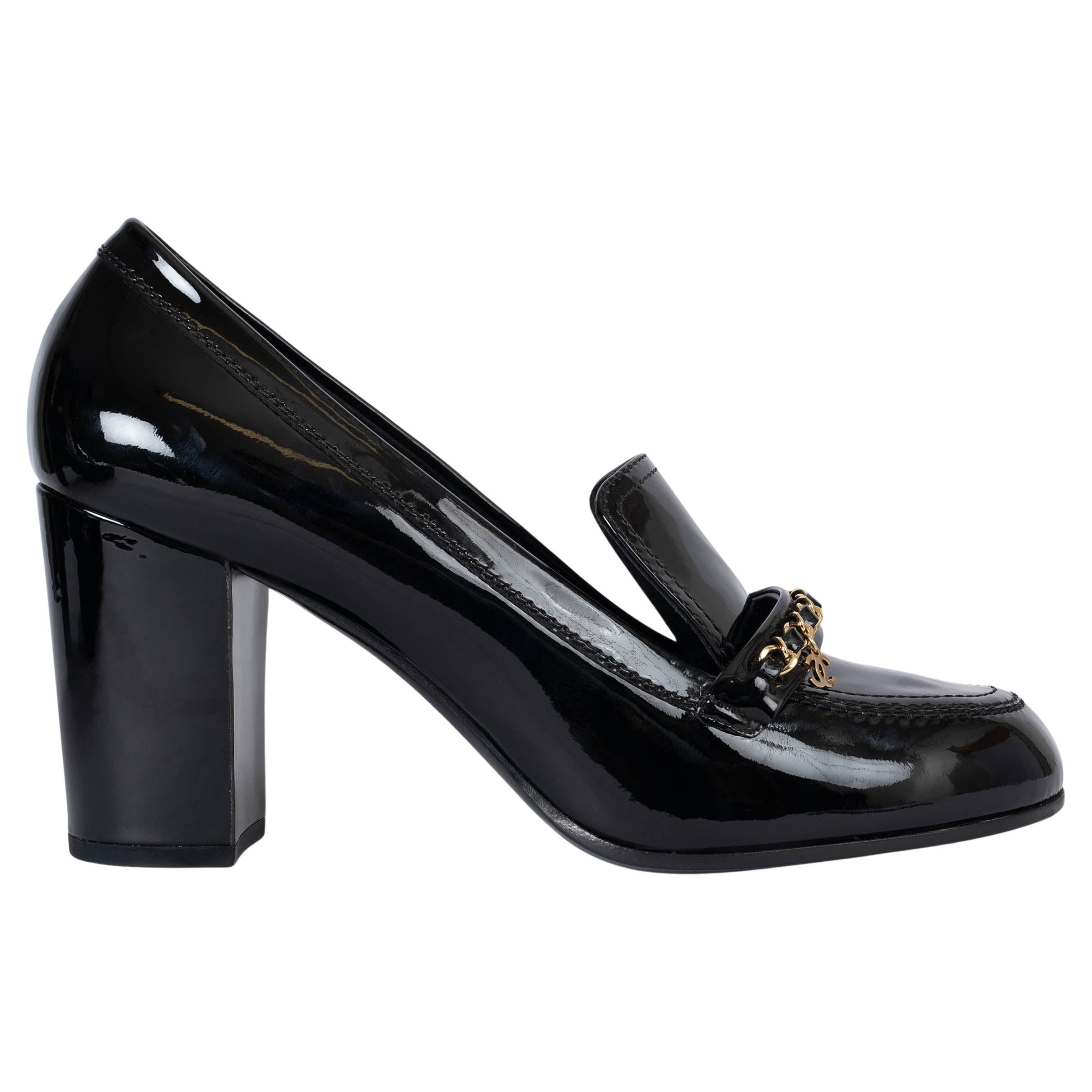CHANEL charol negro 15A SALZBURG CHAIN LOAFER Zapatos Bombas 41.5 fit 40.5 en venta