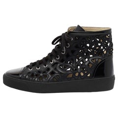 Chanel Black Patent and Floral Laser Cut Leather CC High-Top Sneakers Size 42