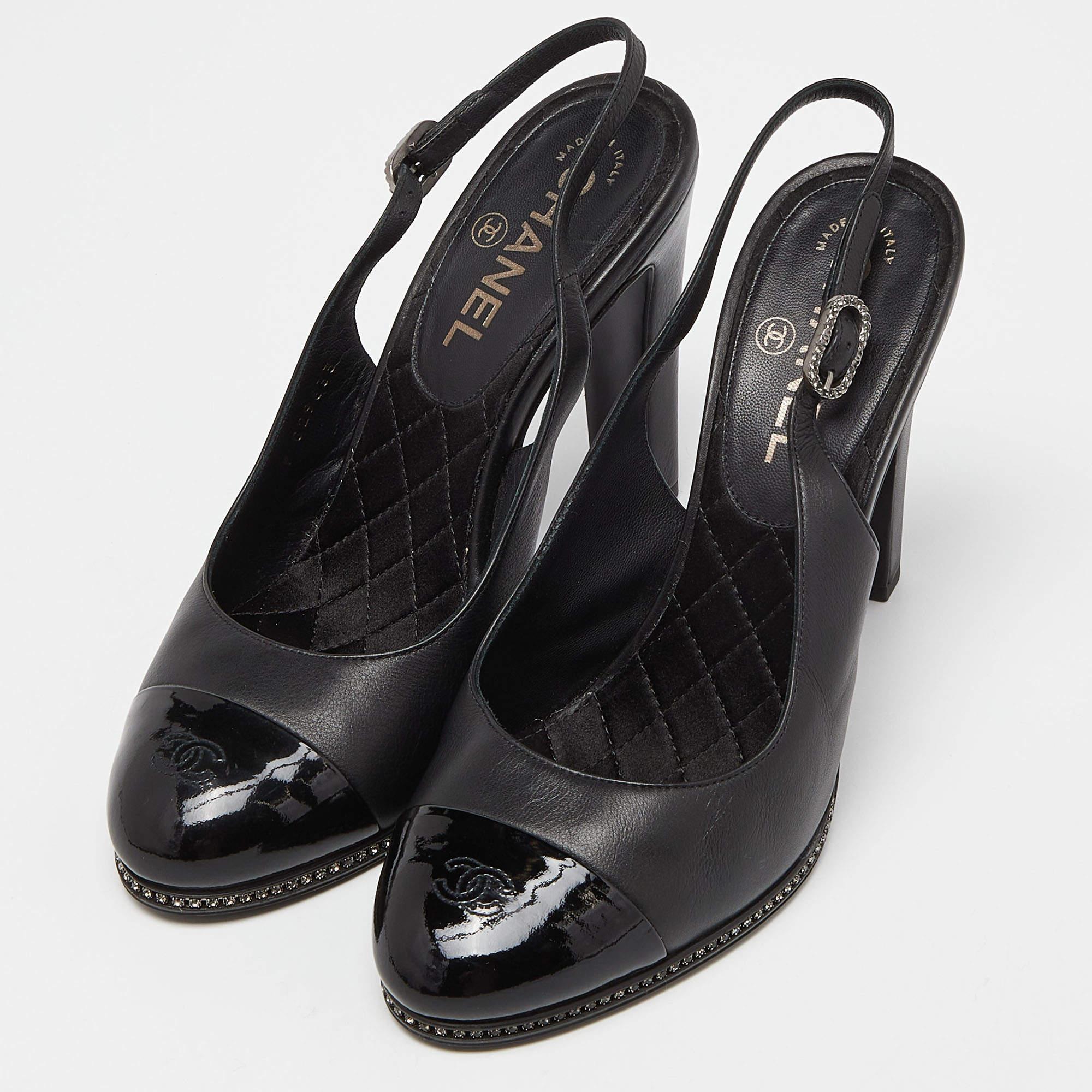 Chanel Black Patent and Leather CC Cap Toe Slingback Pumps Size 38.5 3
