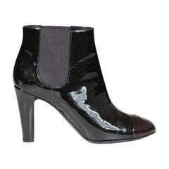 Chanel Black Patent Block Heel Ankle Boots Size IT 37.5