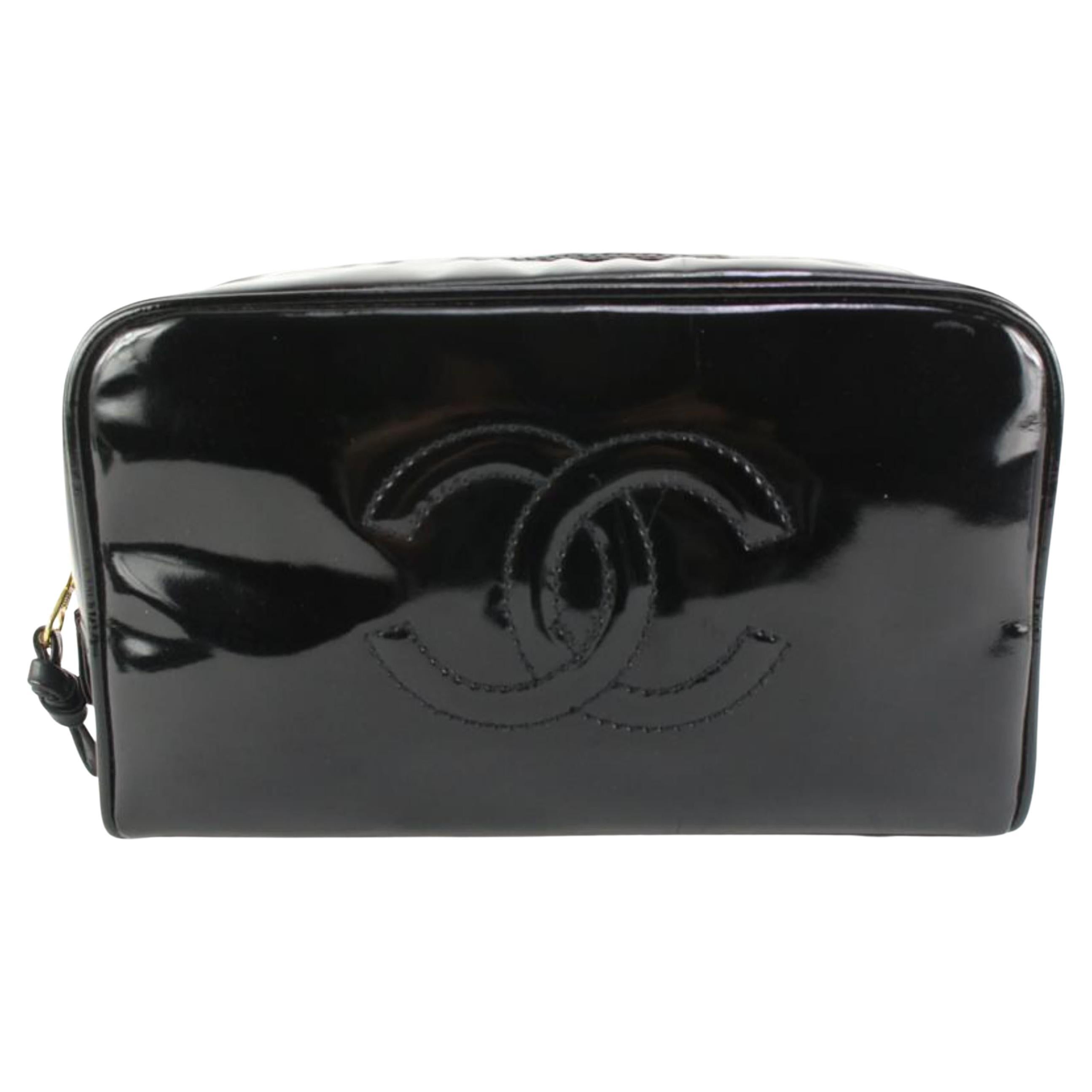 Chanel Black Patent CC Logo Toiletry Pouch Cosmetic Case 81cz56s